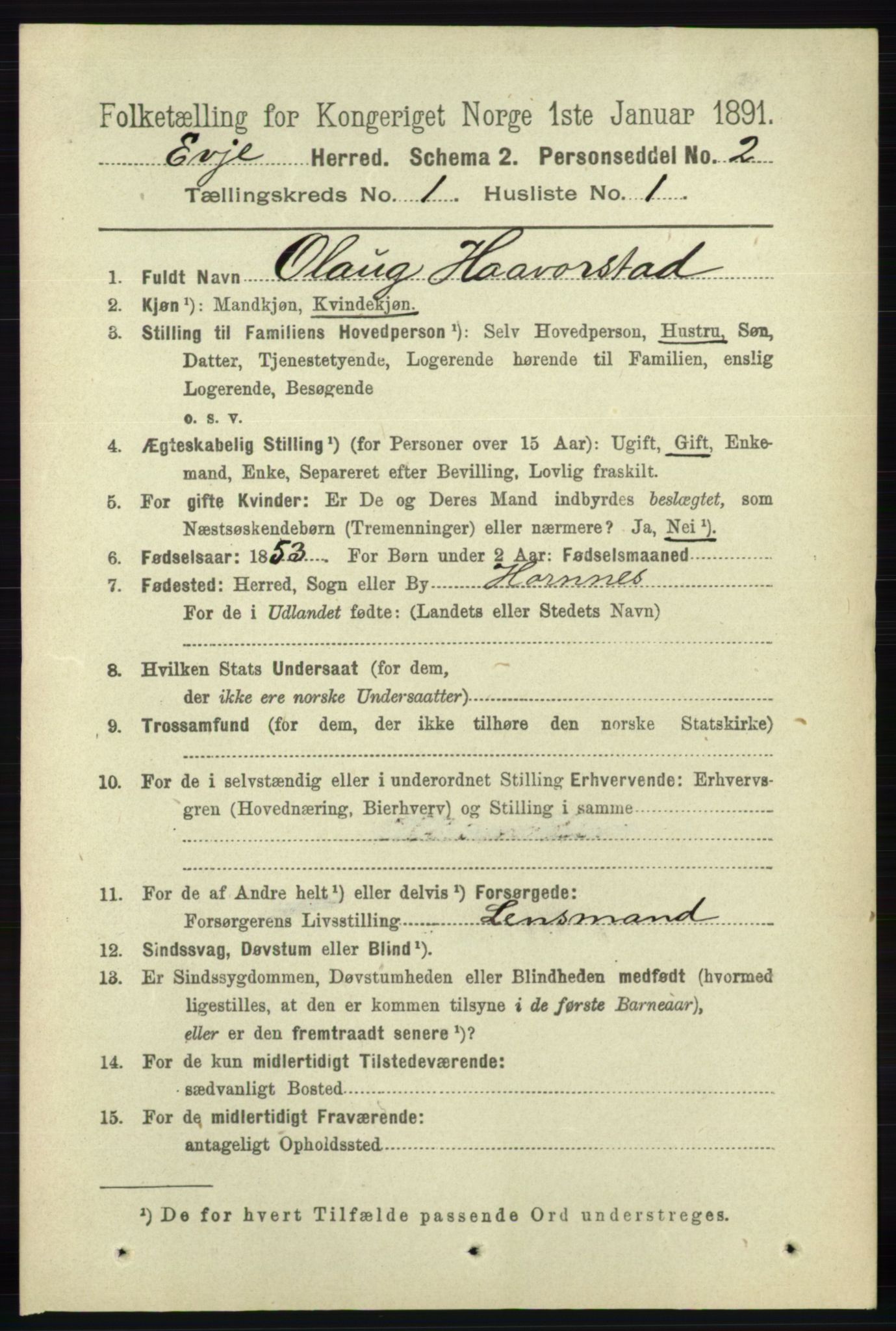 RA, 1891 census for 0937 Evje, 1891, p. 58