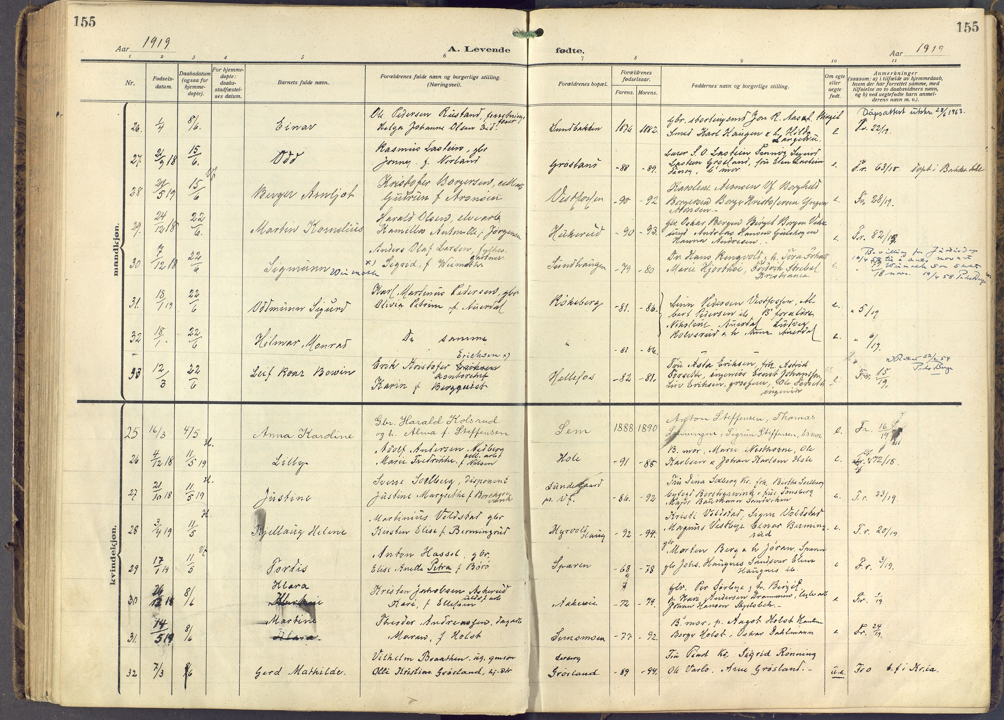 Eiker kirkebøker, AV/SAKO-A-4/F/Fb/L0009: Parish register (official) no. II 9, 1908-1923, p. 155