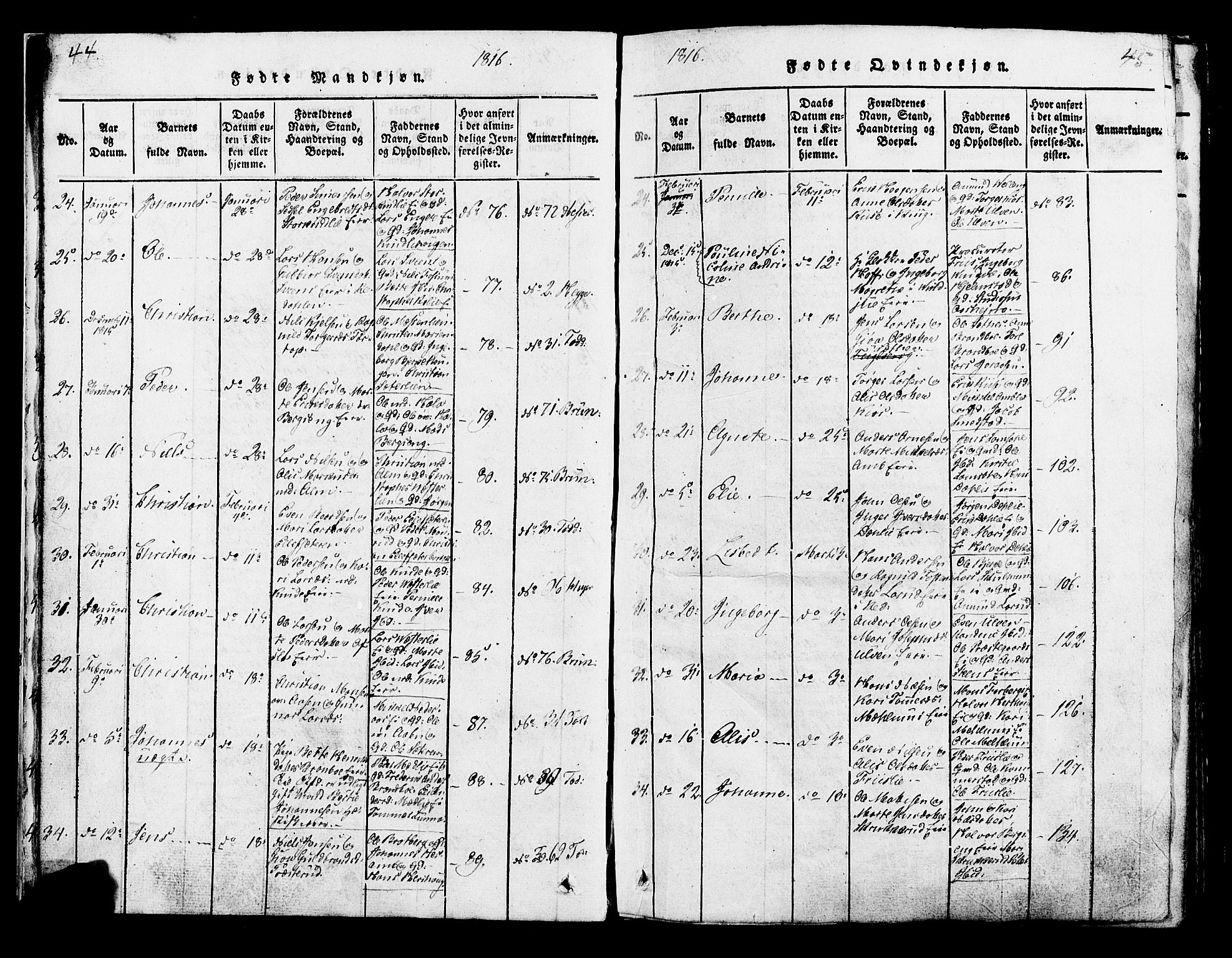 Ringsaker prestekontor, SAH/PREST-014/K/Ka/L0005: Parish register (official) no. 5, 1814-1826, p. 44-45