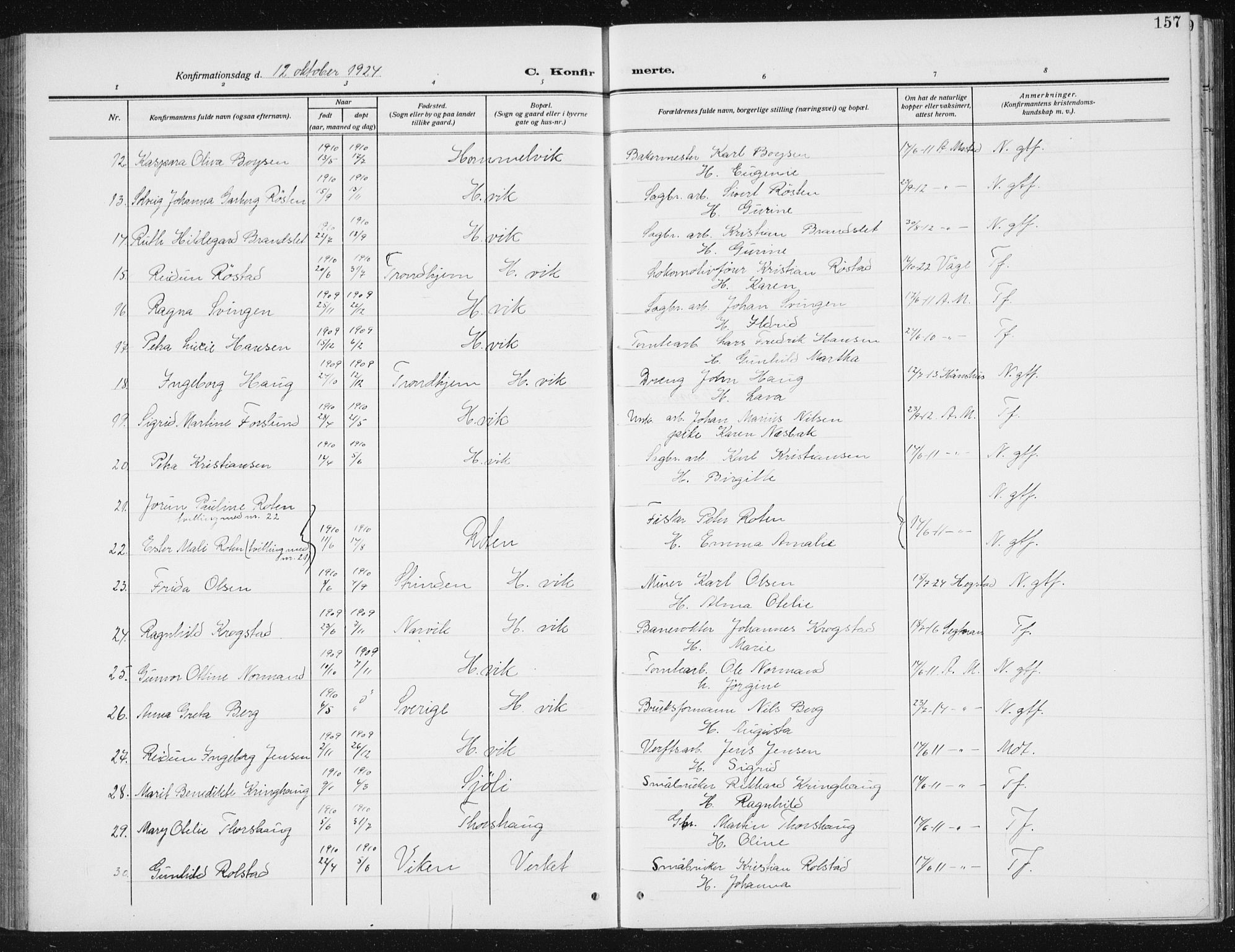 Ministerialprotokoller, klokkerbøker og fødselsregistre - Sør-Trøndelag, SAT/A-1456/617/L0431: Parish register (copy) no. 617C02, 1910-1936, p. 157