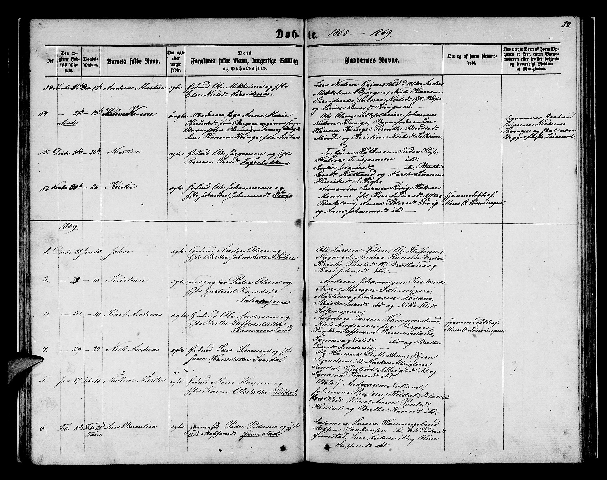 Birkeland Sokneprestembete, SAB/A-74601/H/Hab: Parish register (copy) no. A 2, 1863-1876, p. 32