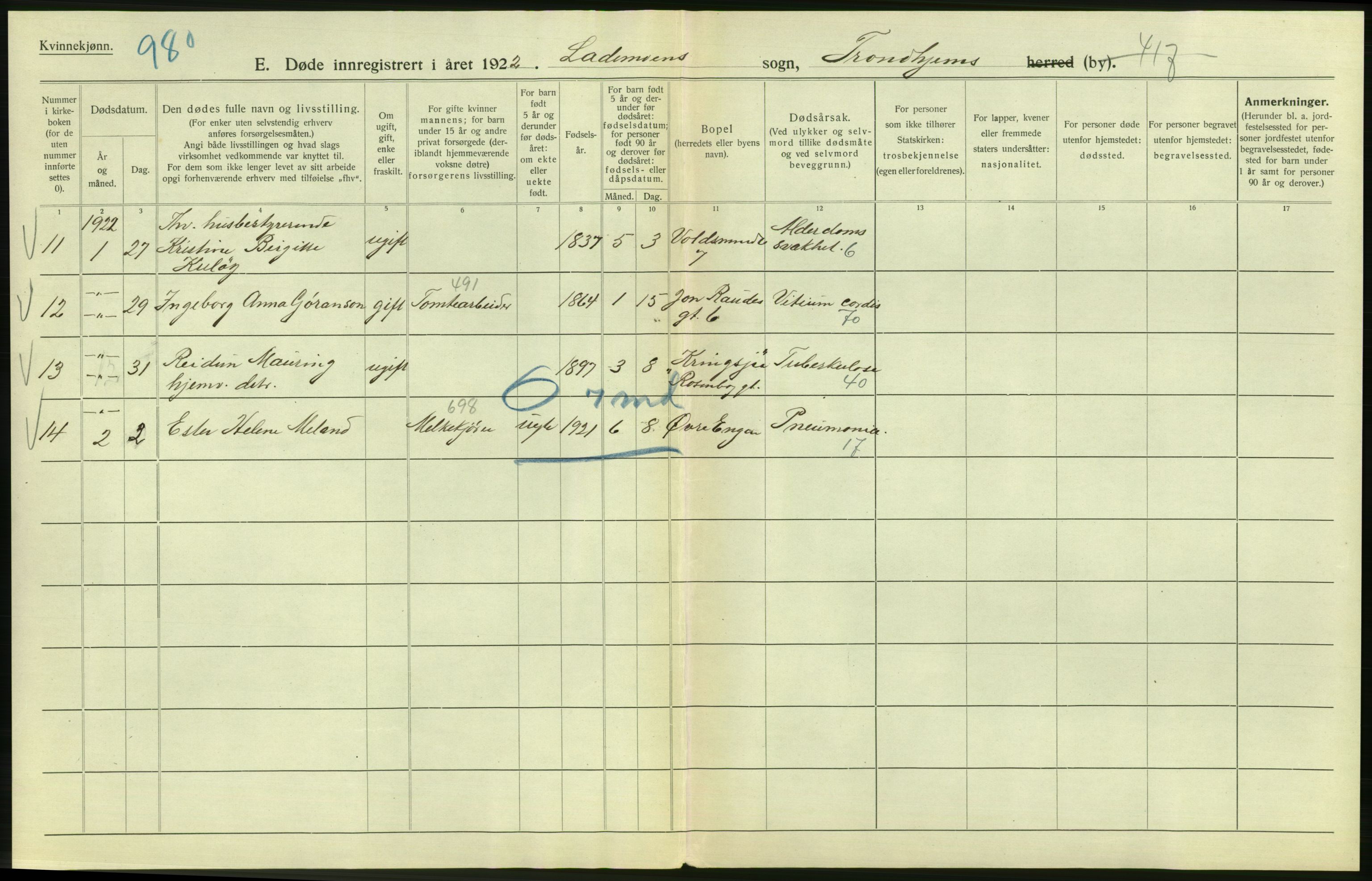 Statistisk sentralbyrå, Sosiodemografiske emner, Befolkning, AV/RA-S-2228/D/Df/Dfc/Dfcb/L0040: Trondheim: Gifte, døde, dødfødte., 1922, p. 264