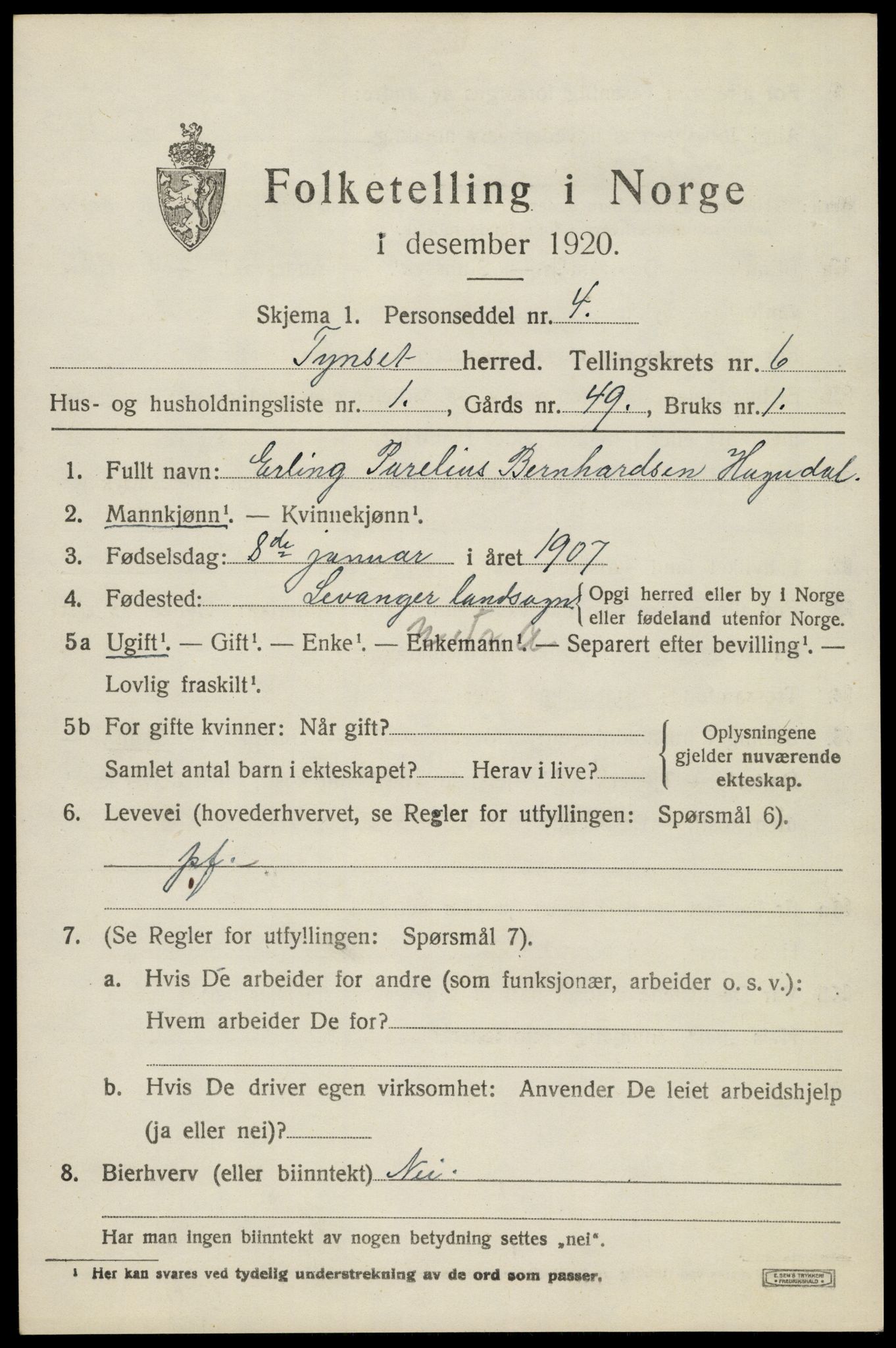 SAH, 1920 census for Tynset, 1920, p. 5516