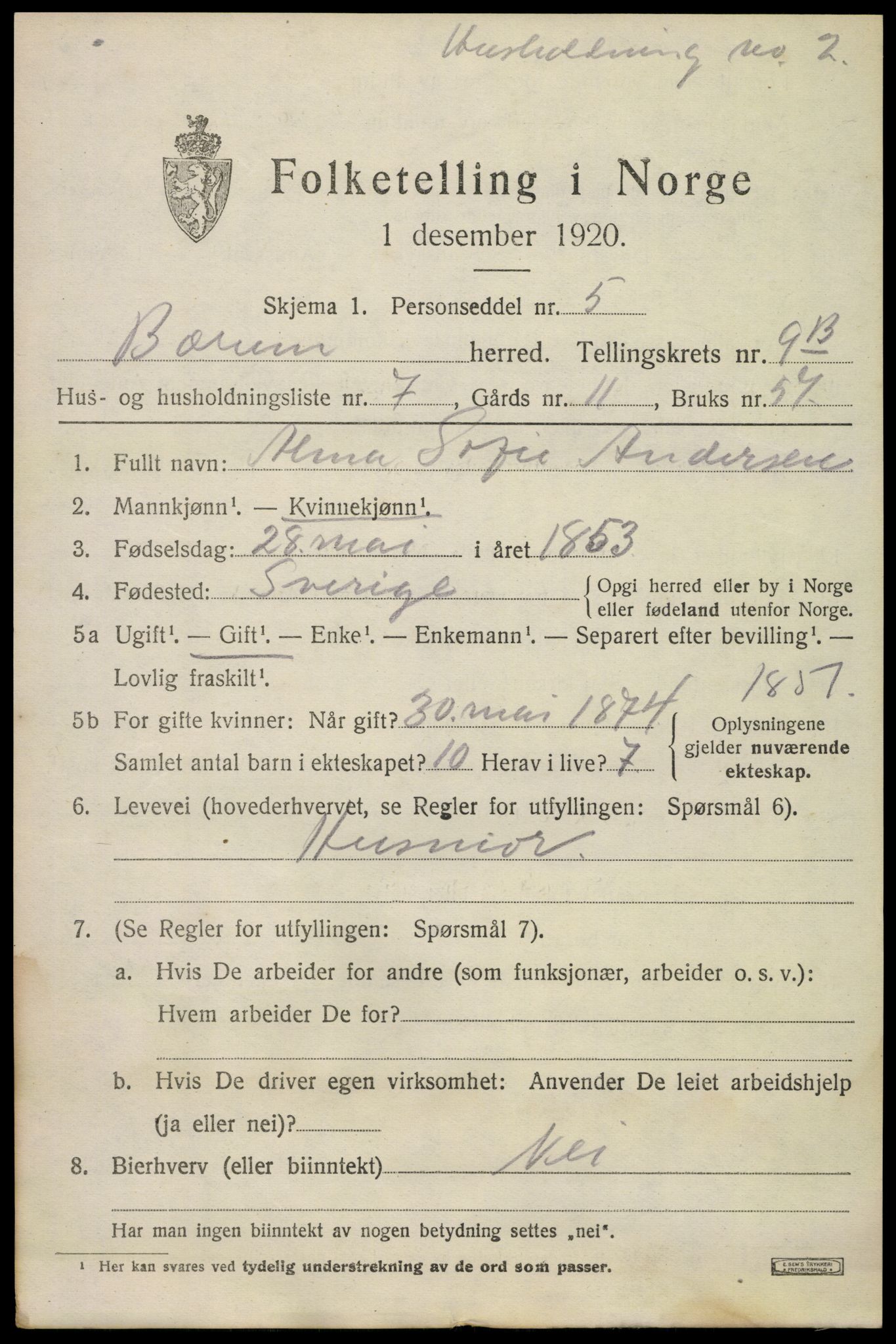 SAO, 1920 census for Bærum, 1920, p. 20626