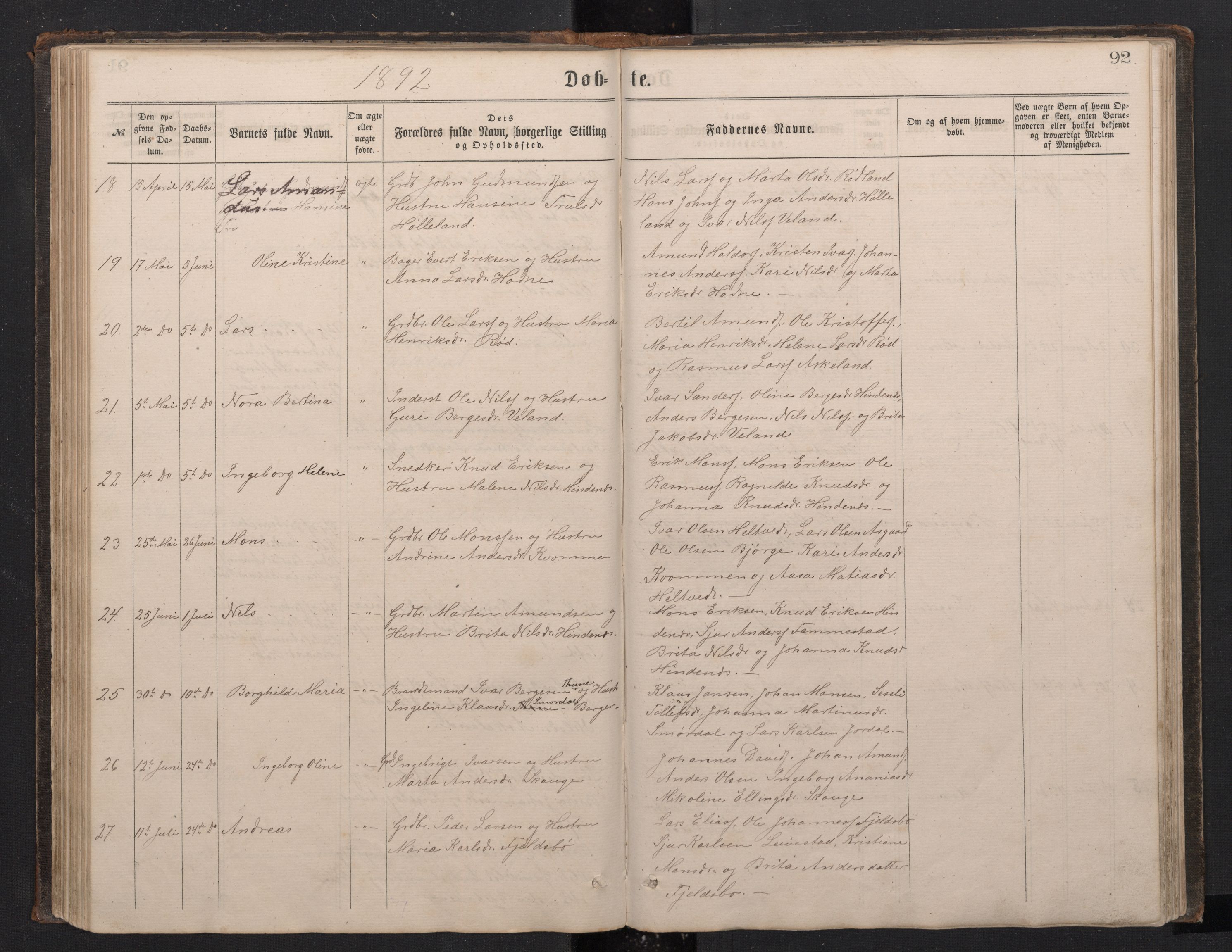 Lindås Sokneprestembete, SAB/A-76701/H/Hab: Parish register (copy) no. E 2, 1867-1892, p. 91b-92a