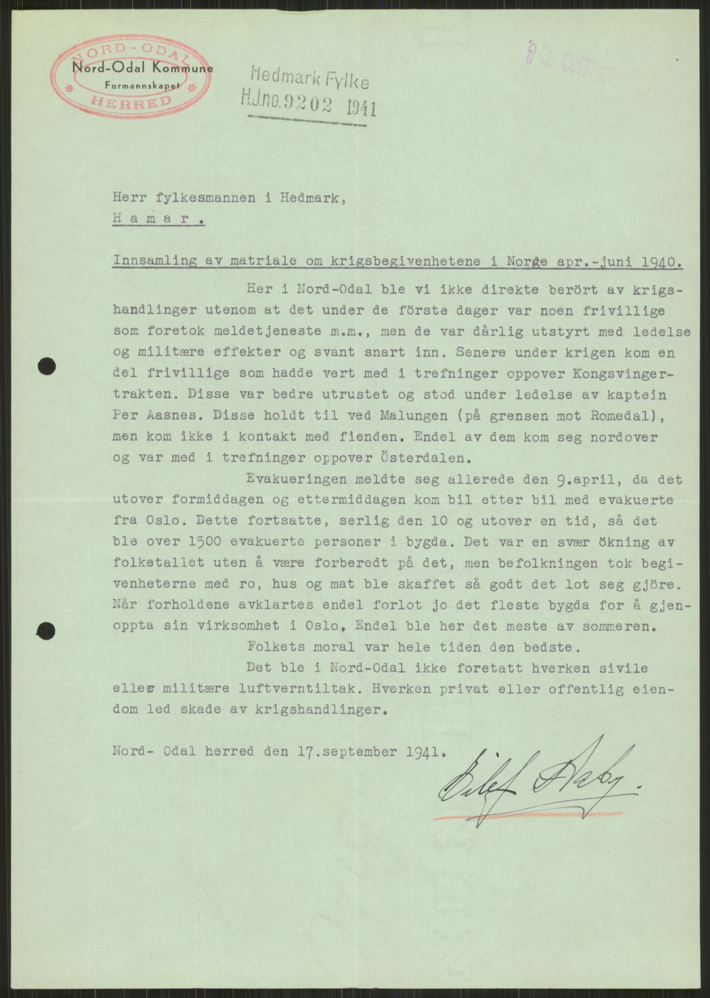 Forsvaret, Forsvarets krigshistoriske avdeling, RA/RAFA-2017/Y/Ya/L0013: II-C-11-31 - Fylkesmenn.  Rapporter om krigsbegivenhetene 1940., 1940, p. 936