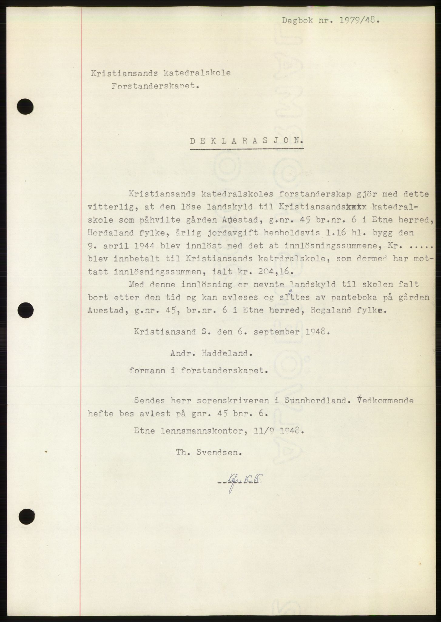 Sunnhordland sorenskrivar, AV/SAB-A-2401: Mortgage book no. B75-79, 1948-1950, Diary no: : 1979/1948