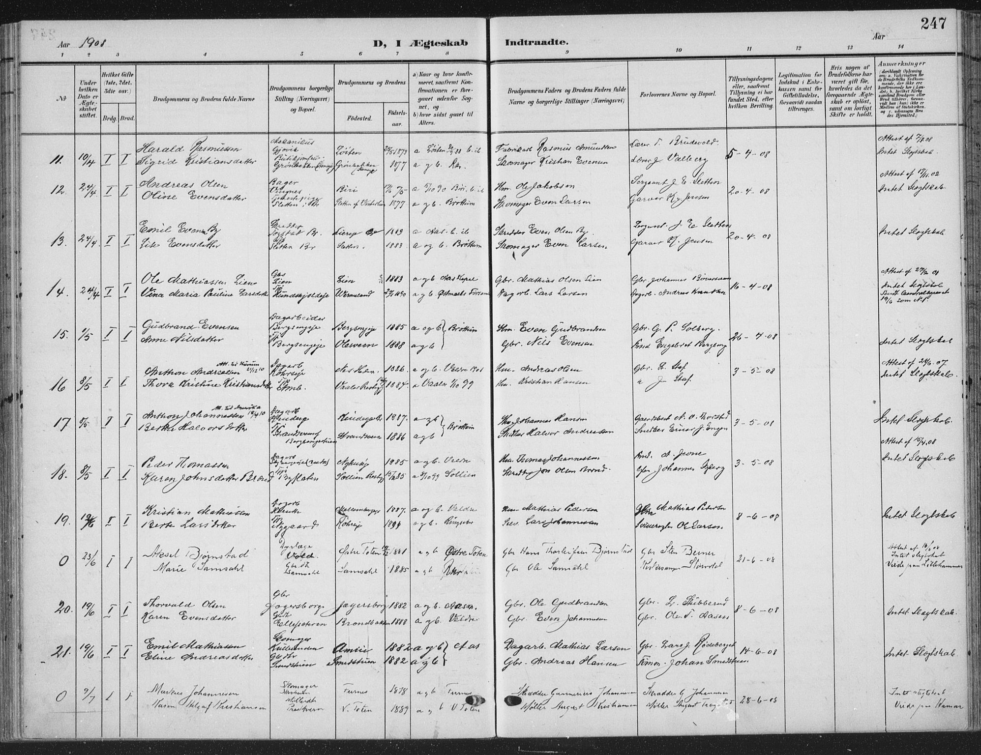 Ringsaker prestekontor, SAH/PREST-014/K/Ka/L0018: Parish register (official) no. 18, 1903-1912, p. 247