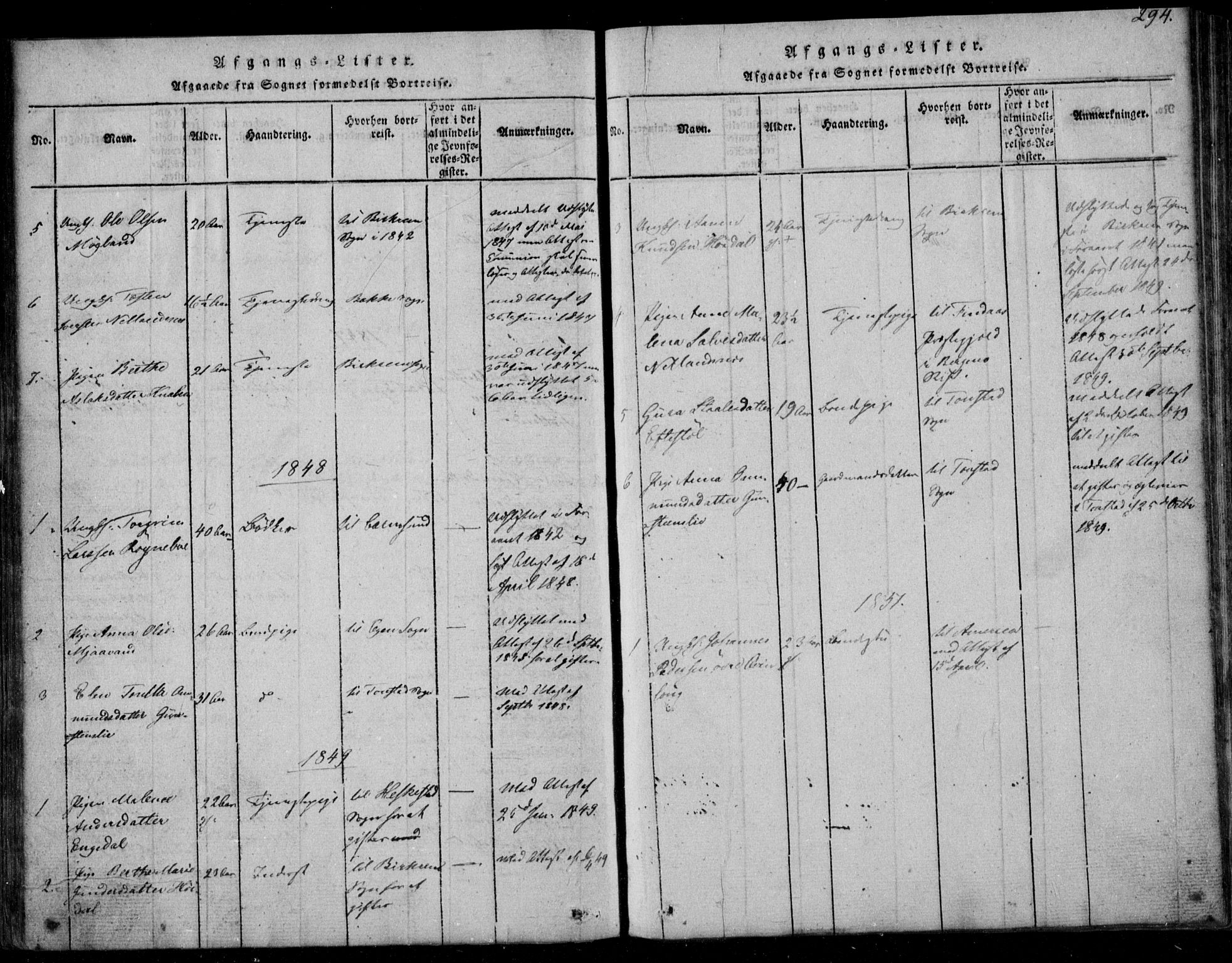 Fjotland sokneprestkontor, AV/SAK-1111-0010/F/Fb/L0001: Parish register (copy) no. B 1, 1816-1849, p. 294