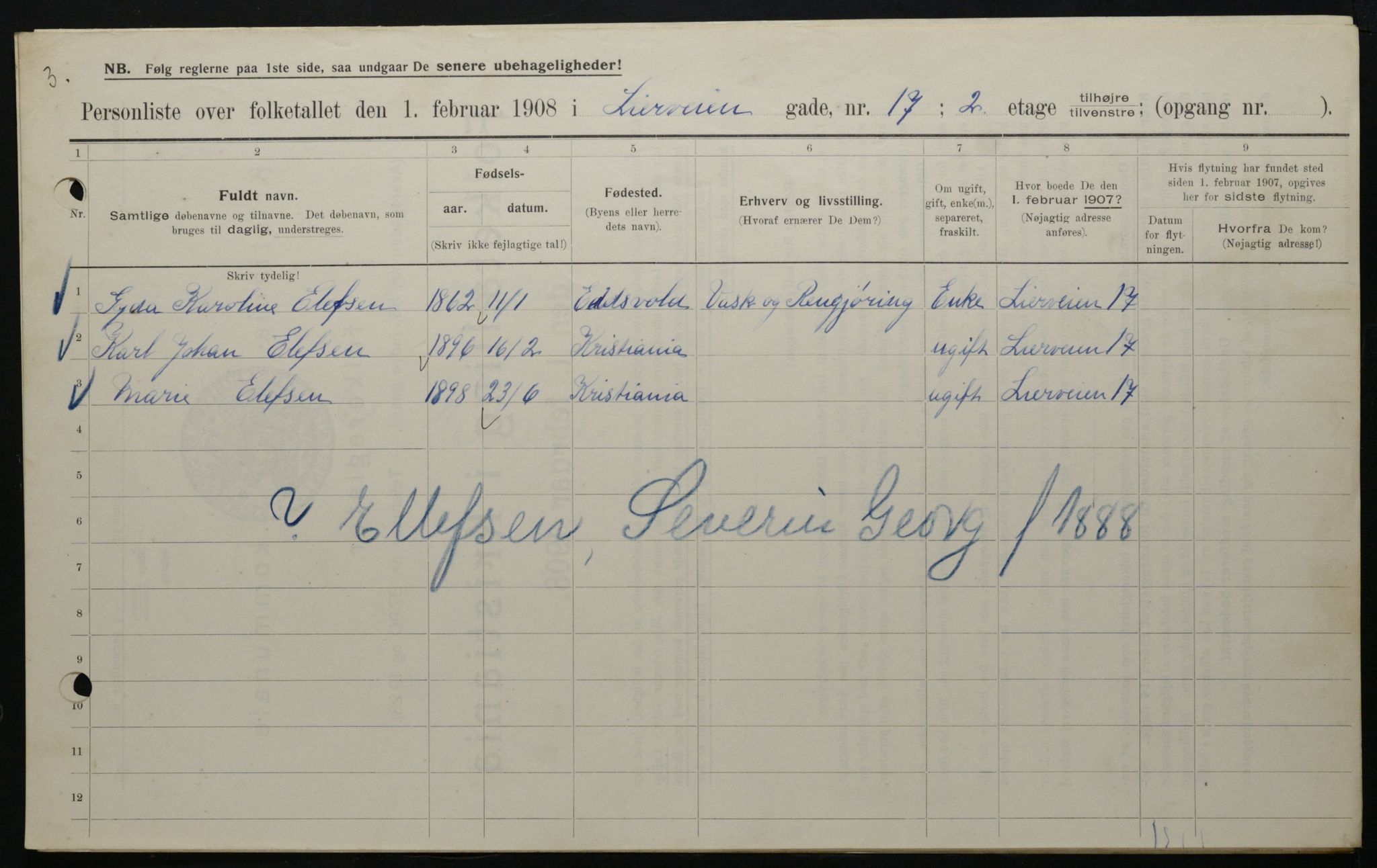 OBA, Municipal Census 1908 for Kristiania, 1908, p. 51616