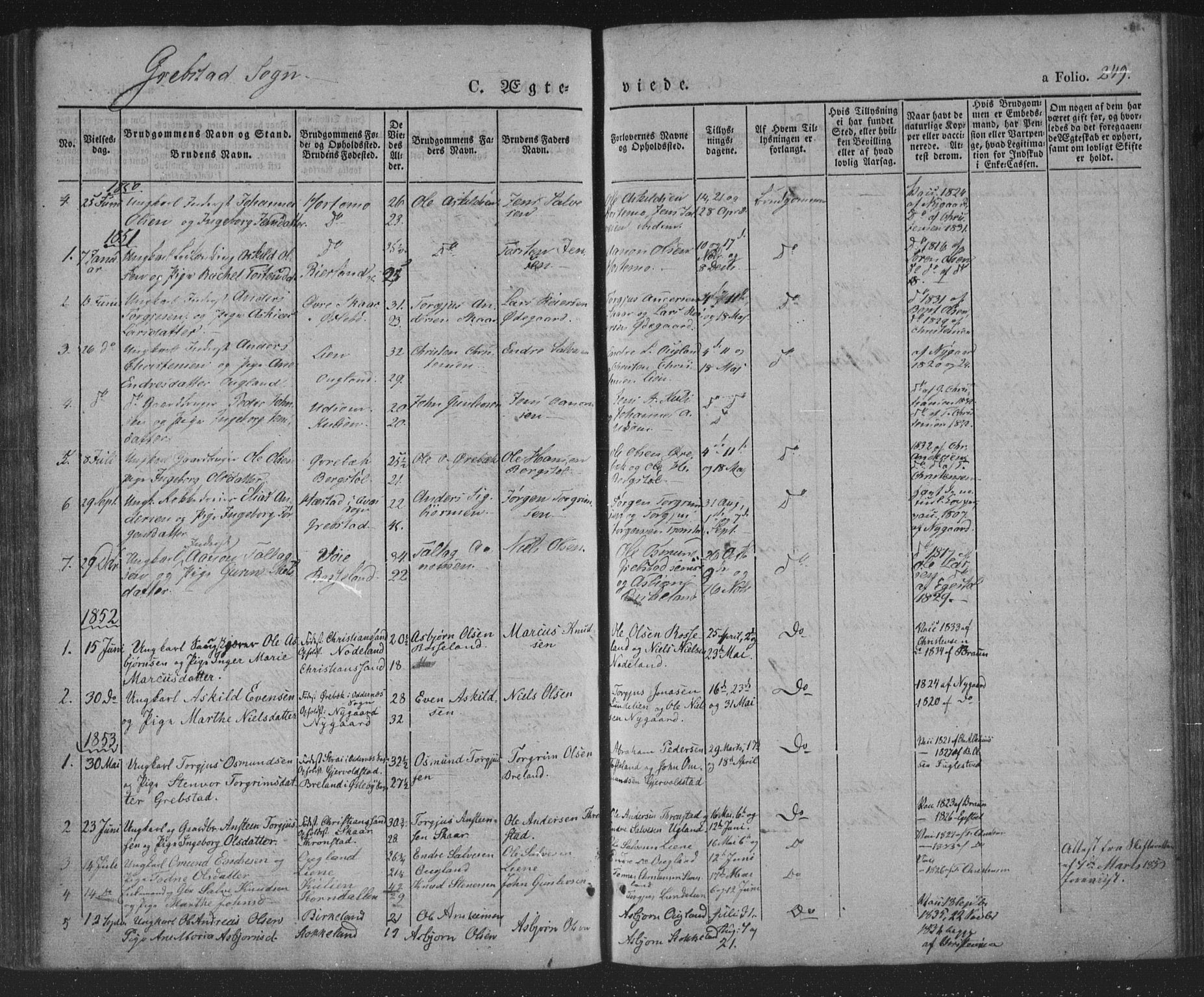 Søgne sokneprestkontor, AV/SAK-1111-0037/F/Fa/Fab/L0009: Parish register (official) no. A 9, 1838-1853, p. 249