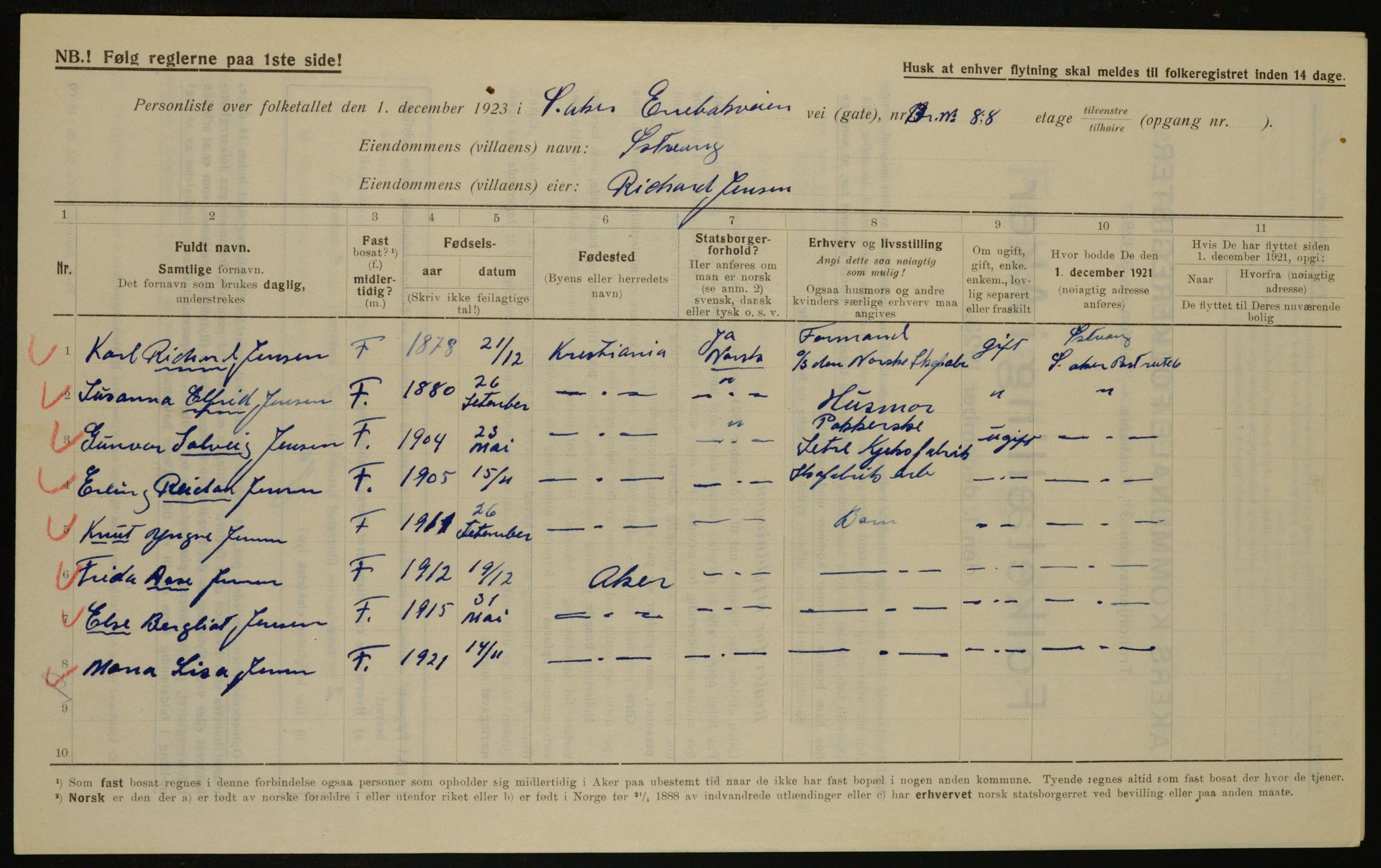 , Municipal Census 1923 for Aker, 1923, p. 38791