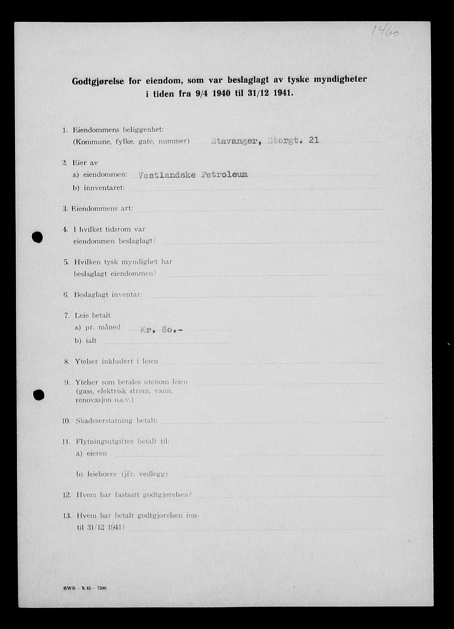 Justisdepartementet, Tilbakeføringskontoret for inndratte formuer, AV/RA-S-1564/I/L1014: Godtgjørelse for beslaglagt eiendom, 1940-1941, p. 150