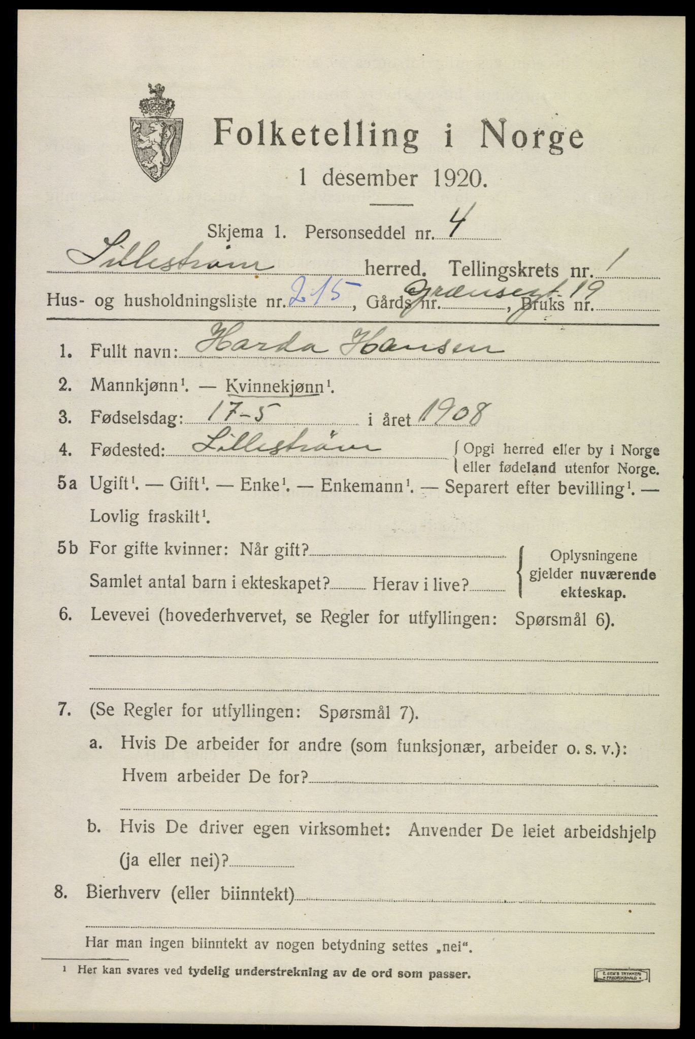 SAO, 1920 census for Lillestrøm, 1920, p. 4834