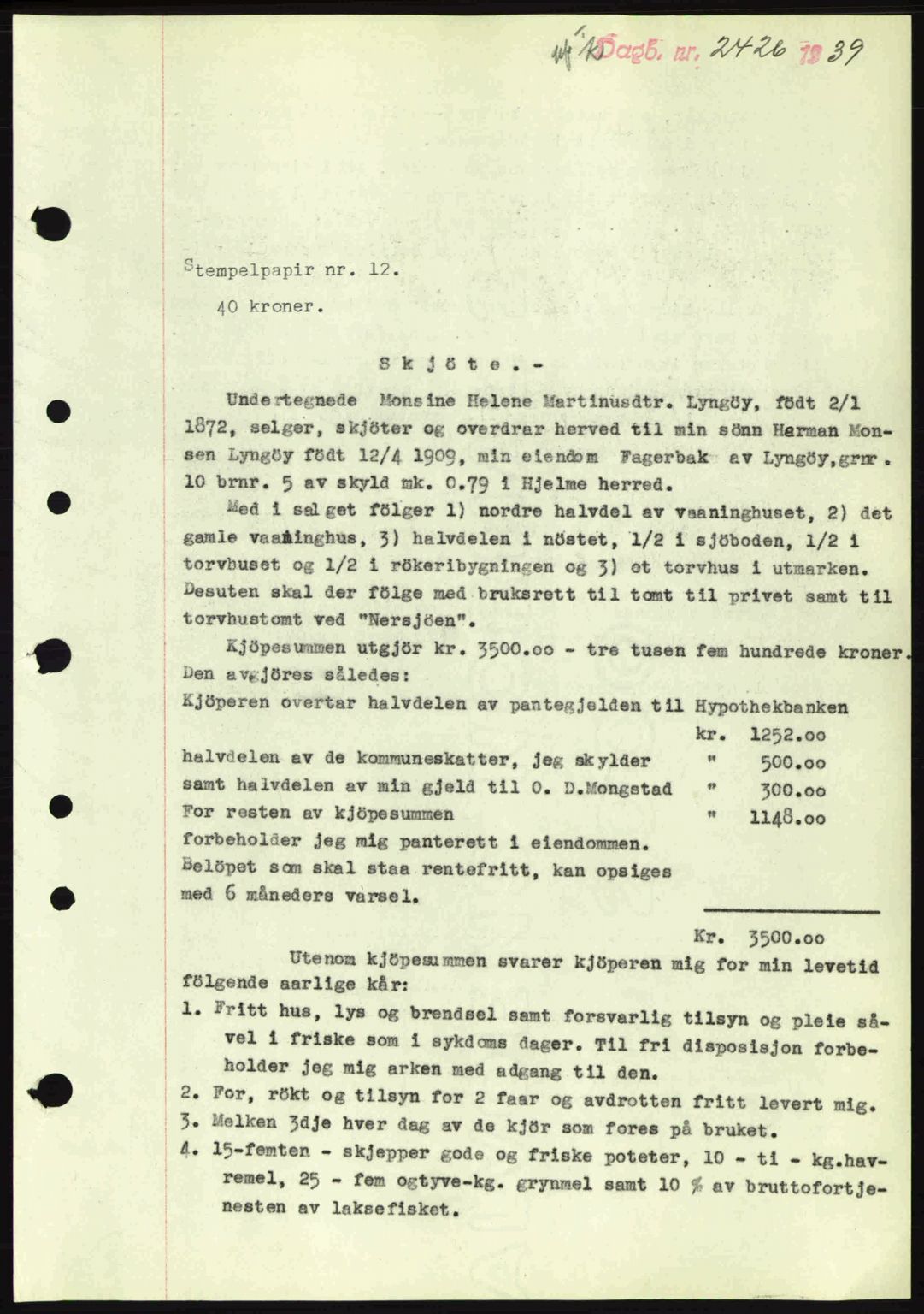 Nordhordland sorenskrivar, SAB/A-2901/1/G/Gb/Gbf/L0010: Mortgage book no. A10, 1939-1940, Diary no: : 2426/1939