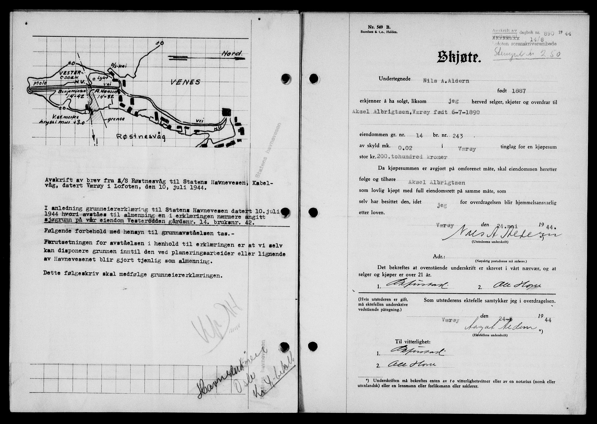 Lofoten sorenskriveri, SAT/A-0017/1/2/2C/L0012a: Mortgage book no. 12a, 1943-1944, Diary no: : 890/1944