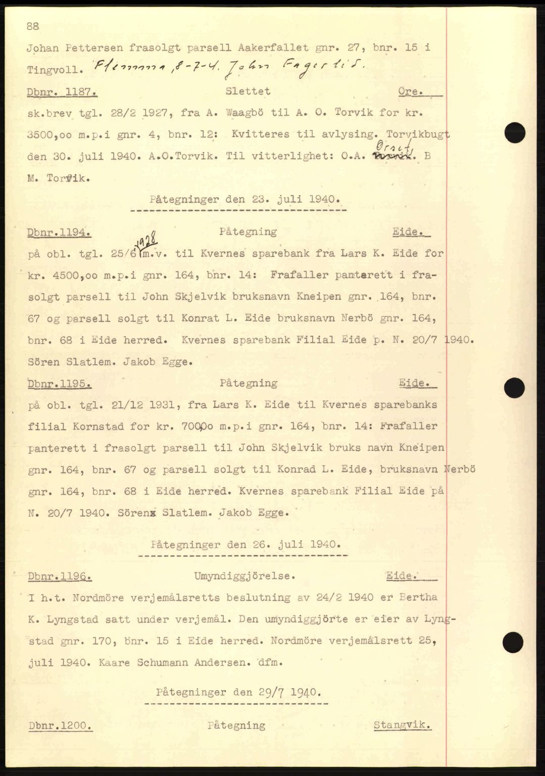 Nordmøre sorenskriveri, AV/SAT-A-4132/1/2/2Ca: Mortgage book no. C81, 1940-1945, Diary no: : 1187/1940