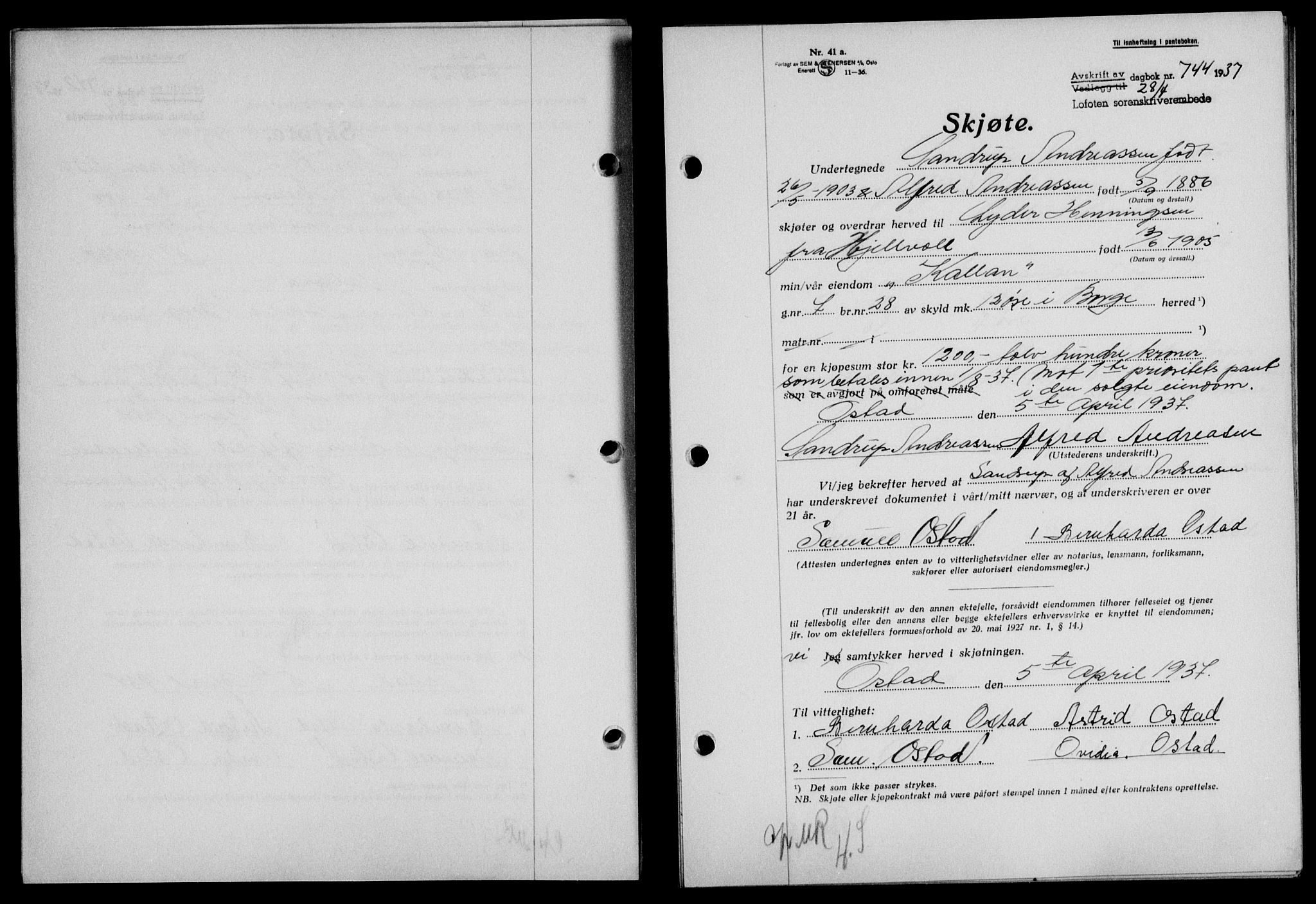 Lofoten sorenskriveri, SAT/A-0017/1/2/2C/L0002a: Mortgage book no. 2a, 1937-1937, Diary no: : 744/1937