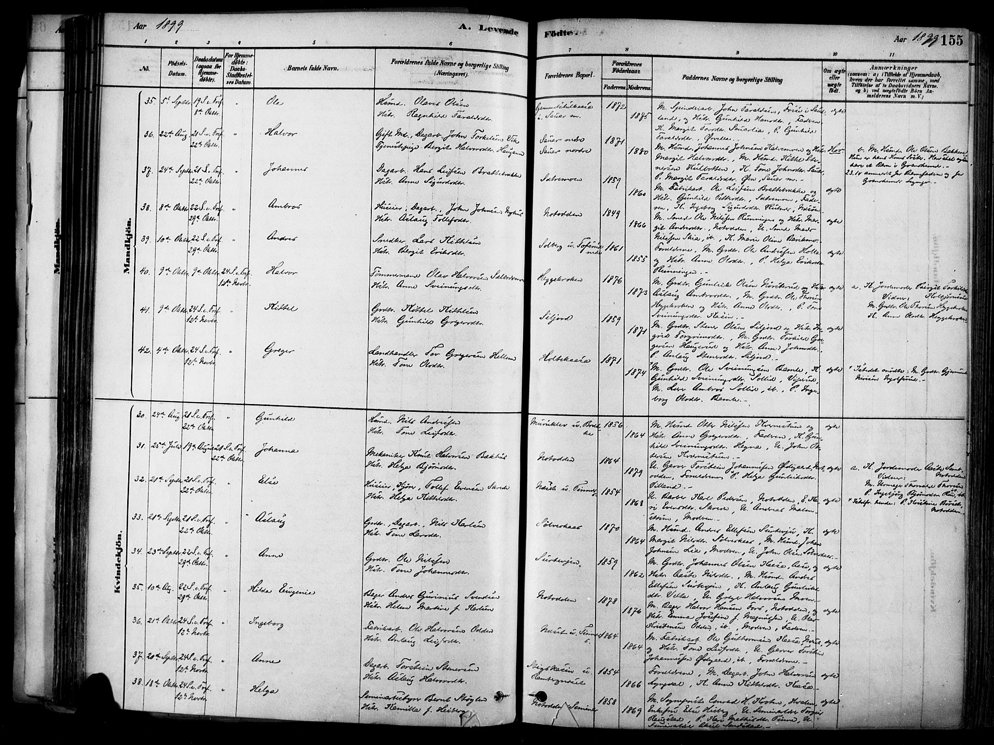 Heddal kirkebøker, SAKO/A-268/F/Fa/L0008: Parish register (official) no. I 8, 1878-1903, p. 155