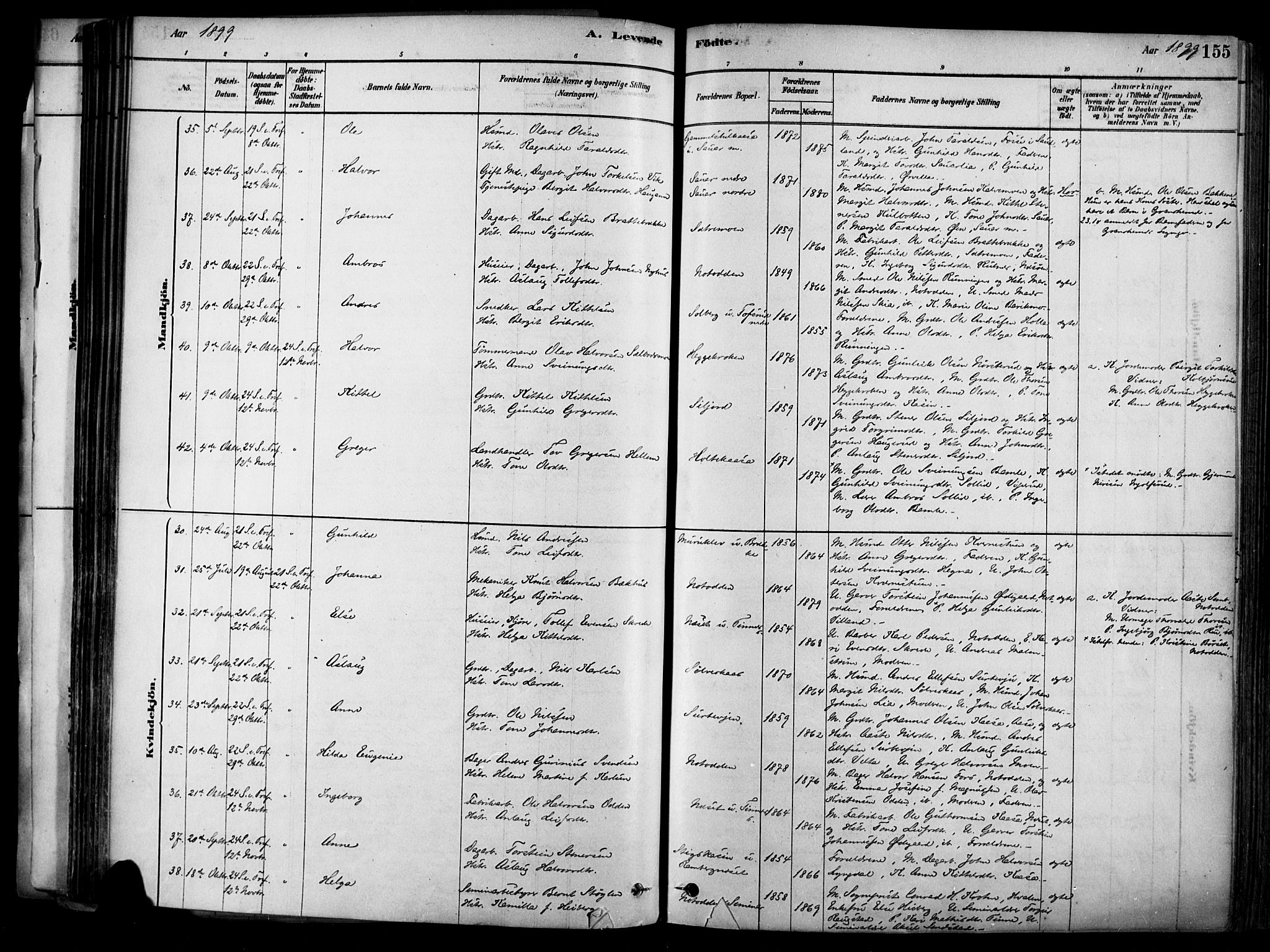 Heddal kirkebøker, AV/SAKO-A-268/F/Fa/L0008: Parish register (official) no. I 8, 1878-1903, p. 155