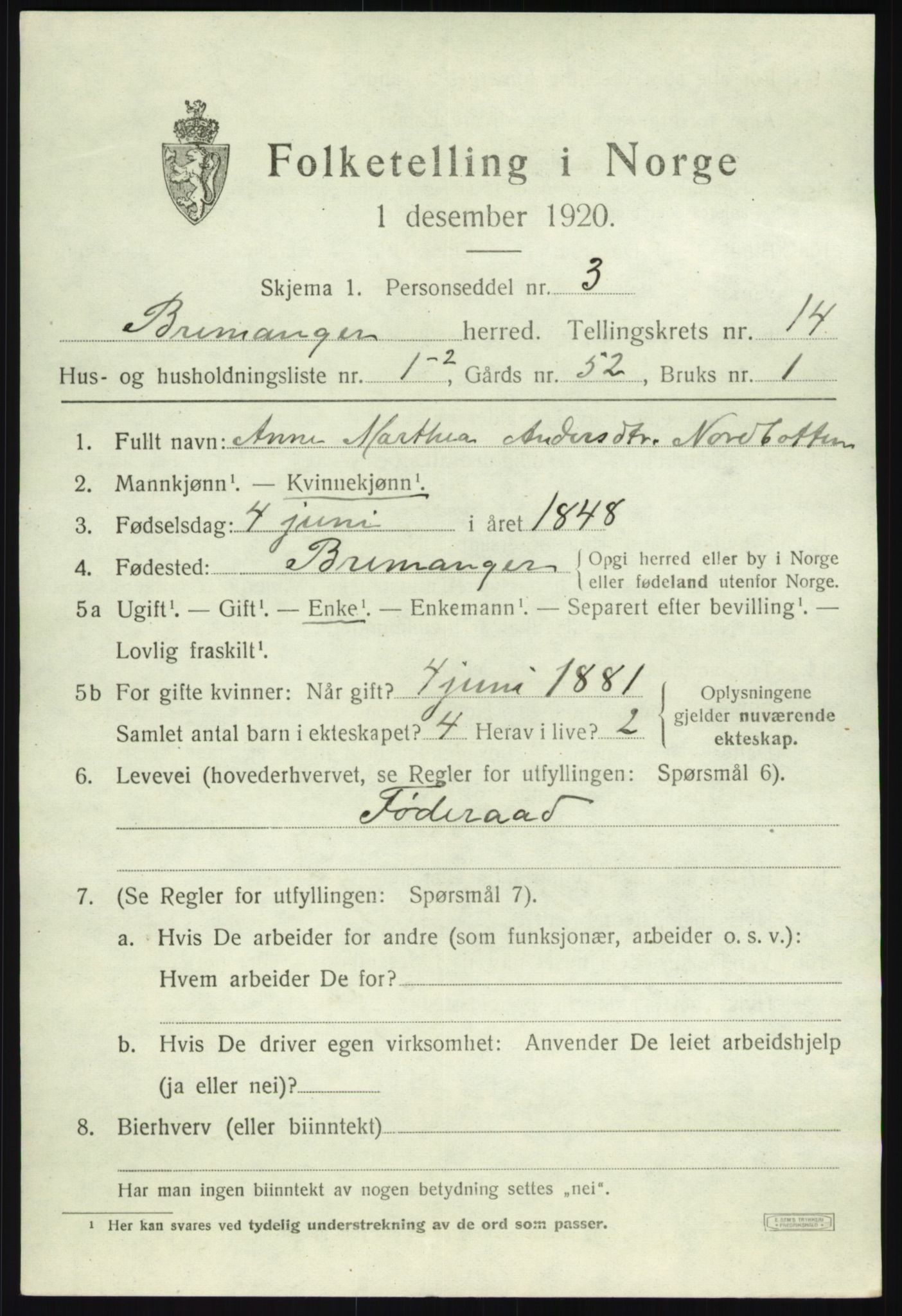 SAB, 1920 census for Bremanger, 1920, p. 7056