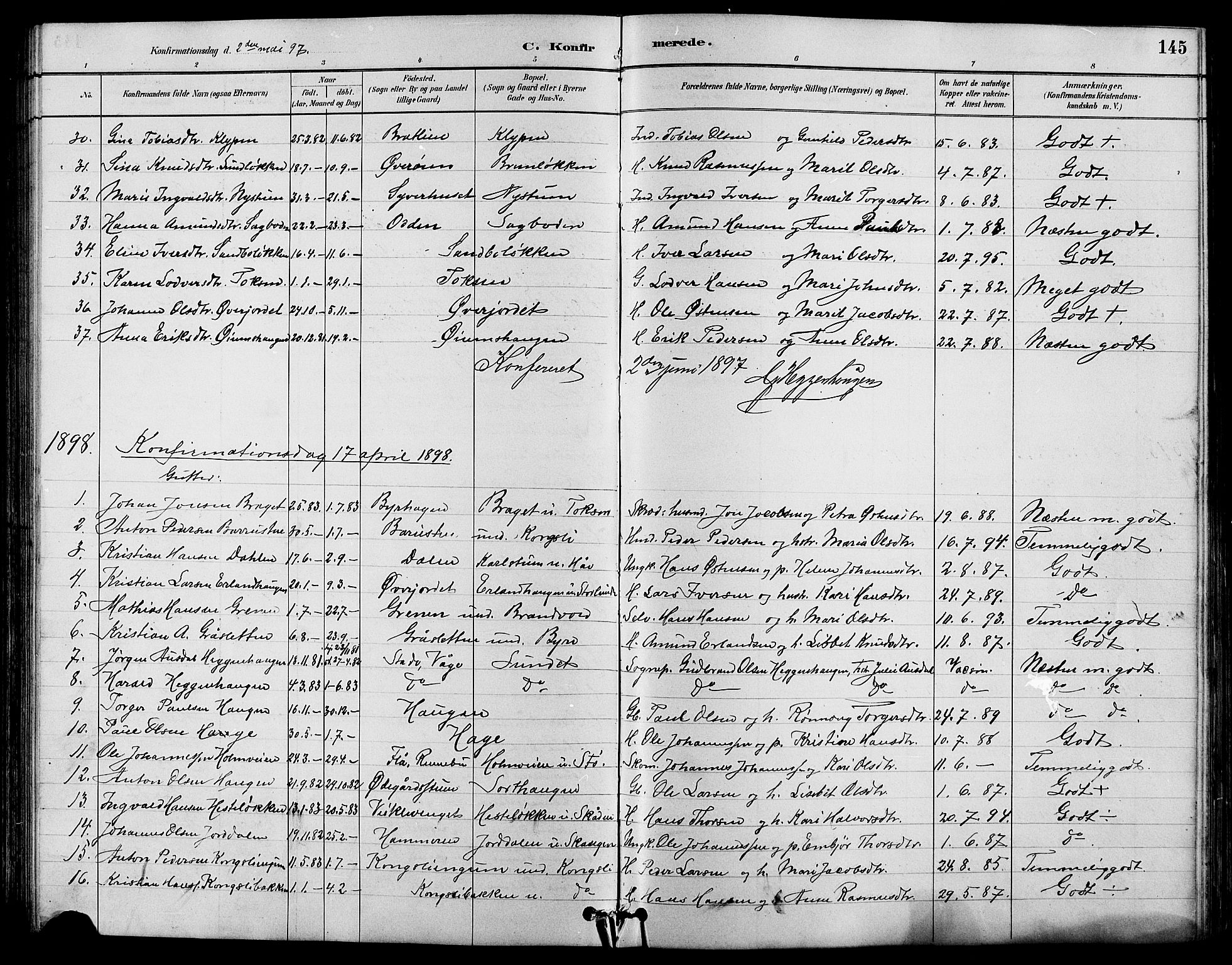 Nord-Fron prestekontor, SAH/PREST-080/H/Ha/Hab/L0004: Parish register (copy) no. 4, 1884-1914, p. 145
