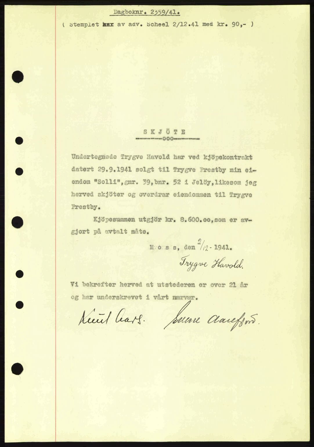 Moss sorenskriveri, SAO/A-10168: Mortgage book no. A9, 1941-1942, Diary no: : 2359/1941