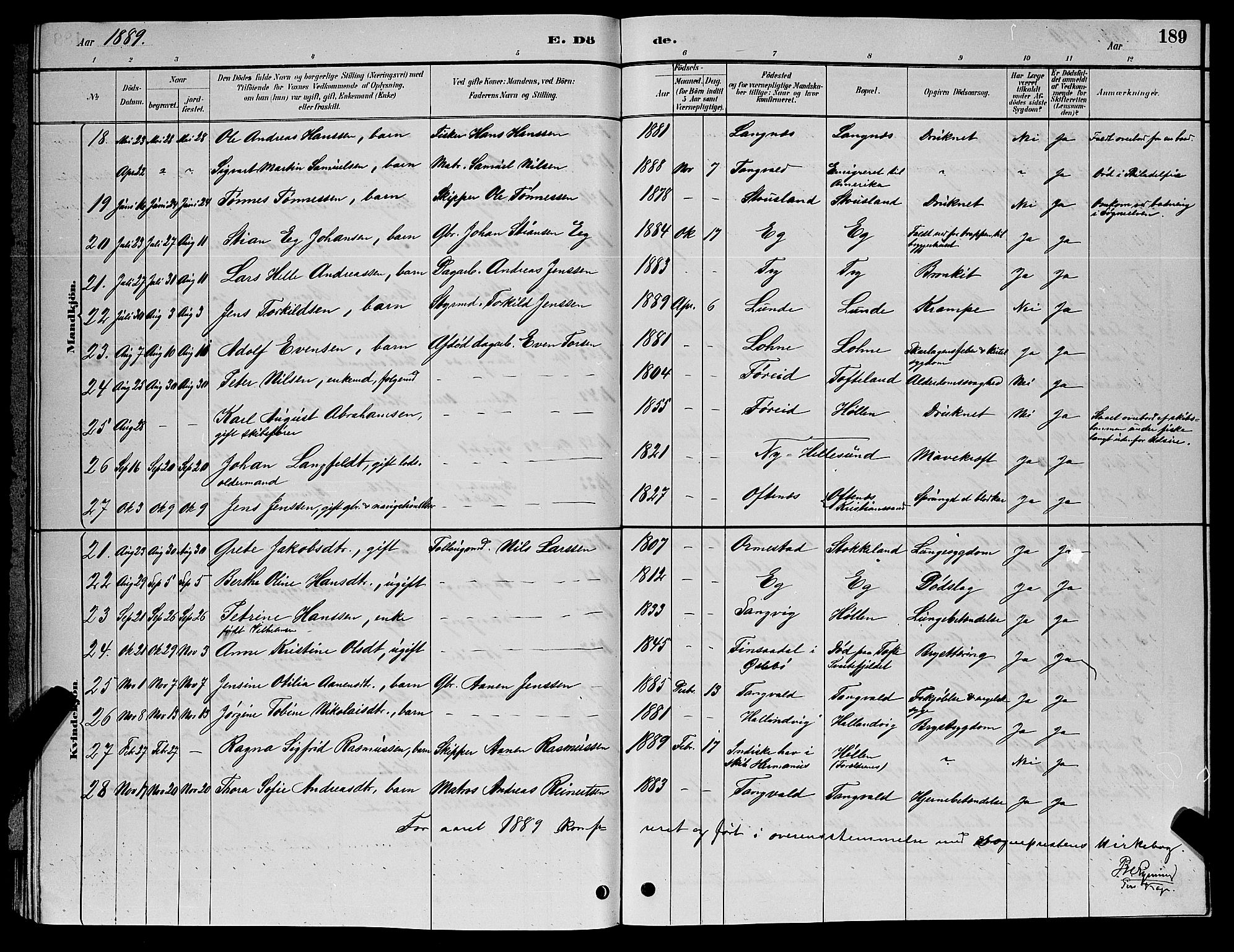 Søgne sokneprestkontor, SAK/1111-0037/F/Fb/Fbb/L0005: Parish register (copy) no. B 5, 1884-1891, p. 189