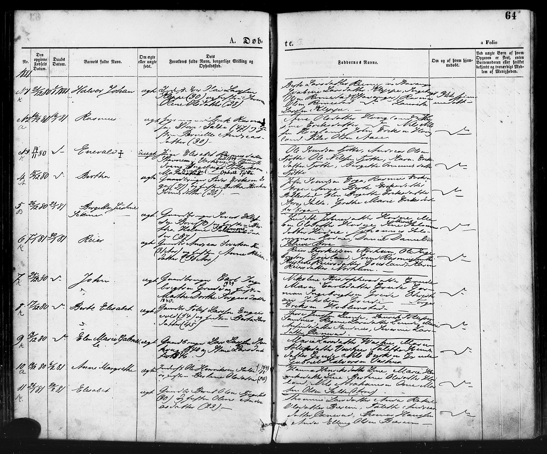 Klepp sokneprestkontor, AV/SAST-A-101803/001/3/30BA/L0006: Parish register (official) no. A 6, 1871-1885, p. 64