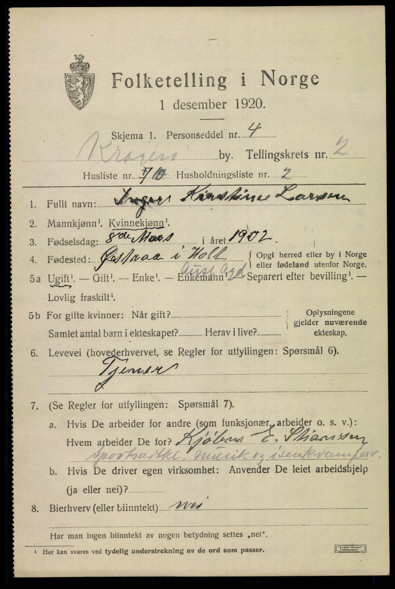 SAKO, 1920 census for Kragerø, 1920, p. 5439