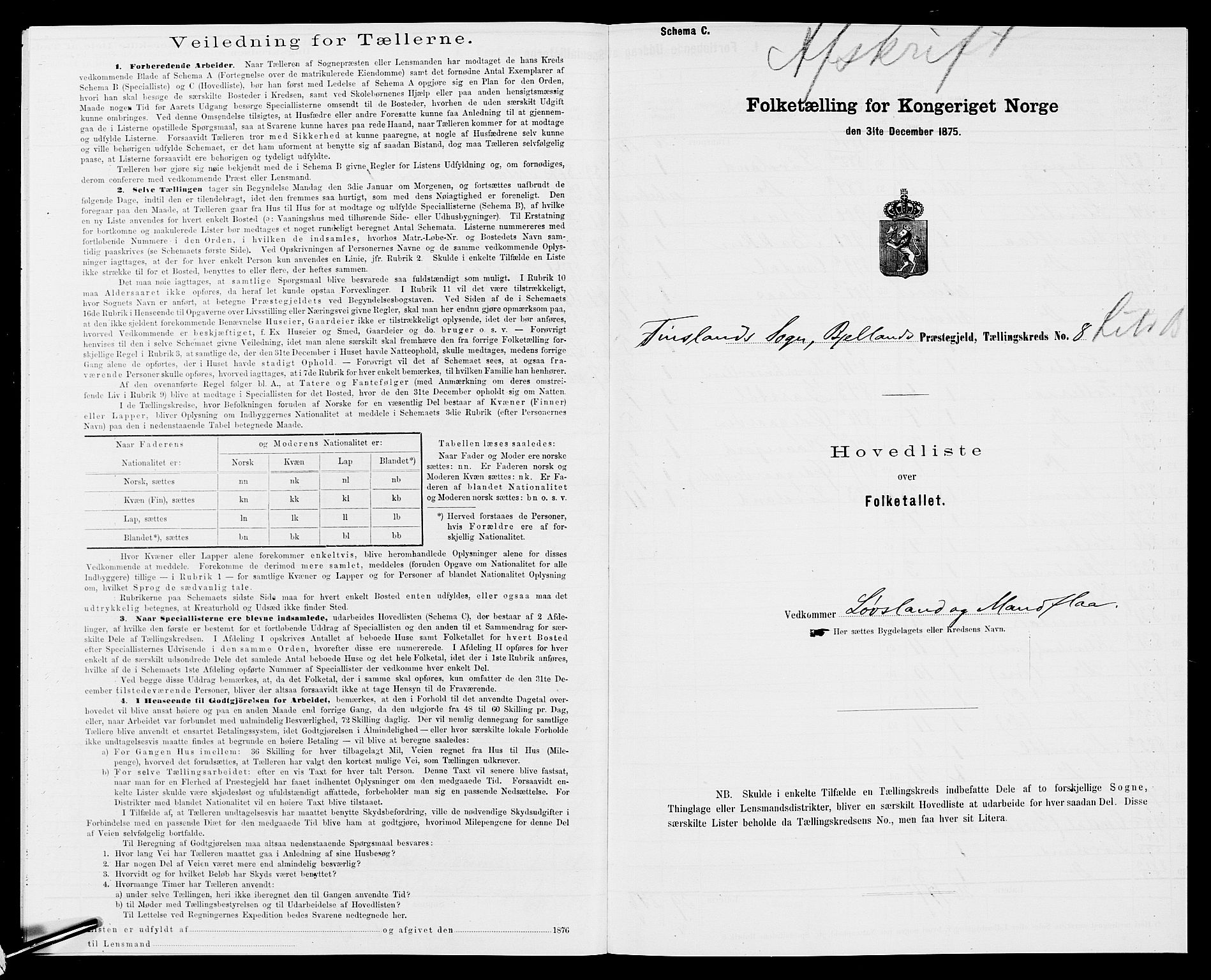 SAK, 1875 census for 1024P Bjelland, 1875, p. 748