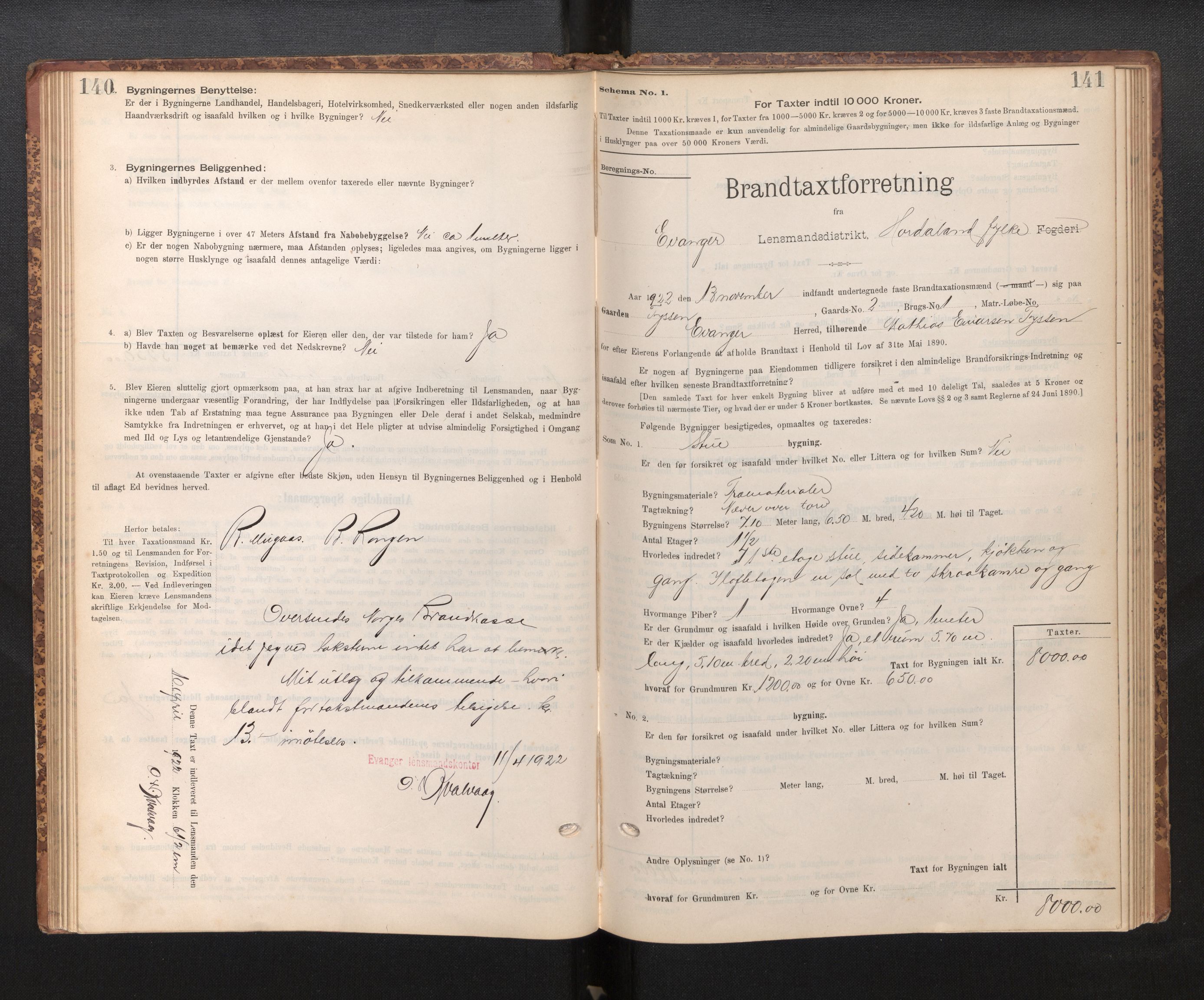 Lensmannen i Evanger, SAB/A-31701/0012/L0005: Branntakstprotokoll, skjematakst, 1895-1935, p. 140-141