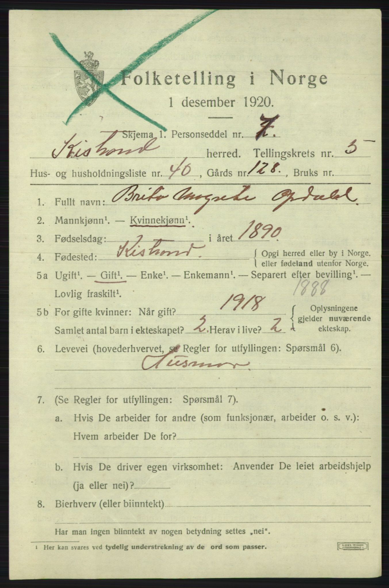 SATØ, 1920 census for Kistrand, 1920, p. 3566