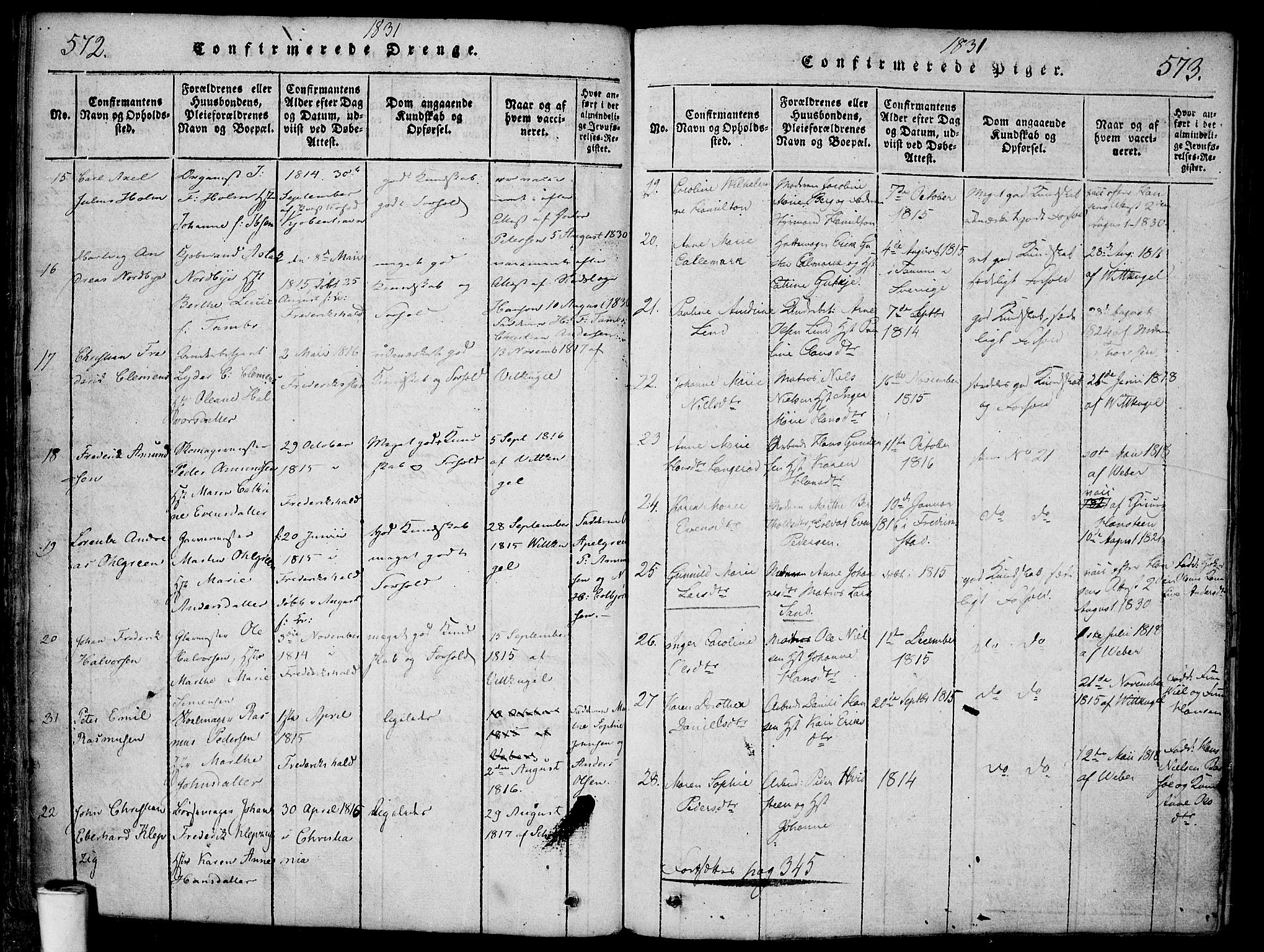 Halden prestekontor Kirkebøker, SAO/A-10909/F/Fa/L0003: Parish register (official) no. I 3, 1815-1834, p. 572-573