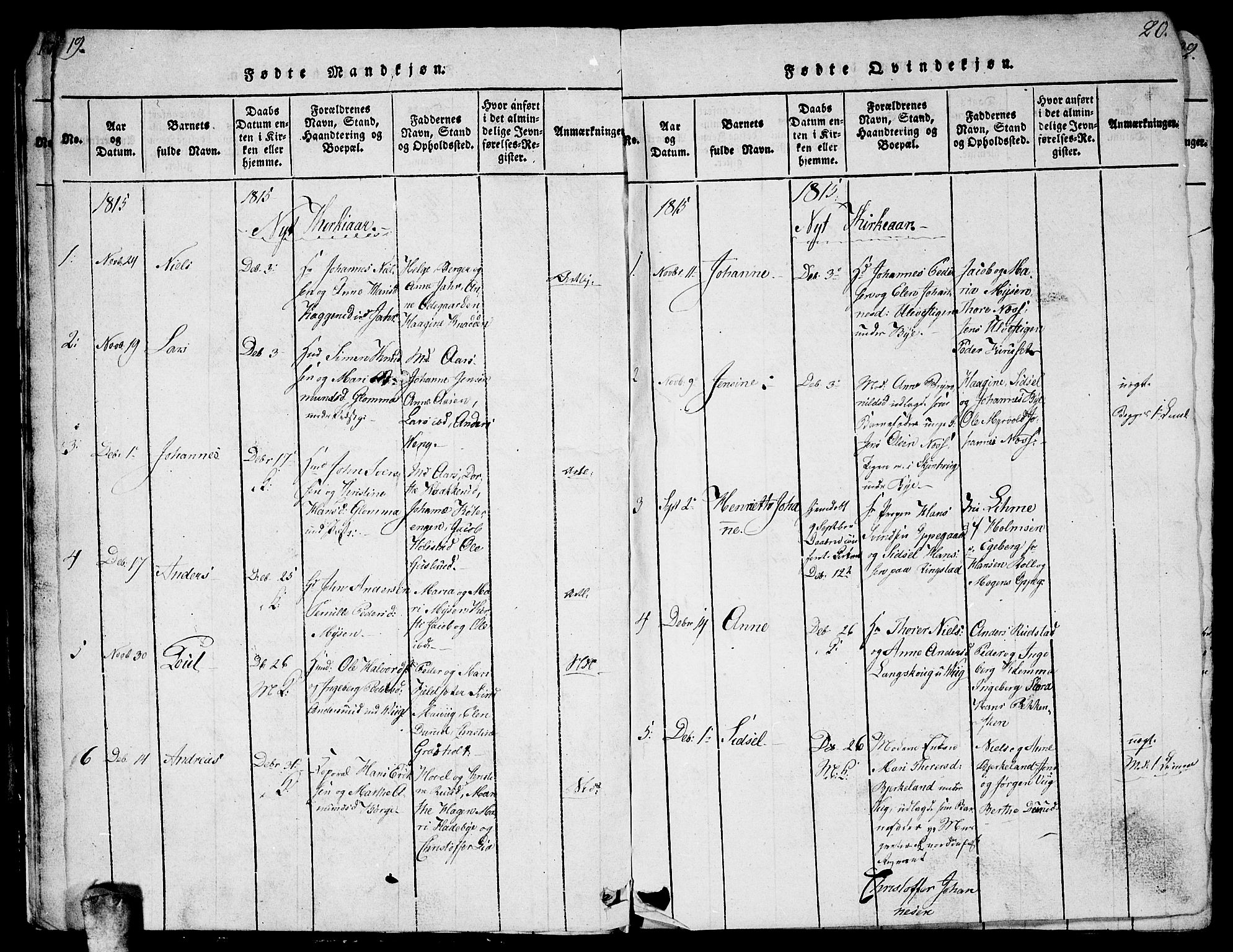 Enebakk prestekontor Kirkebøker, AV/SAO-A-10171c/G/Ga/L0001: Parish register (copy) no. I 1, 1815-1833, p. 19-20