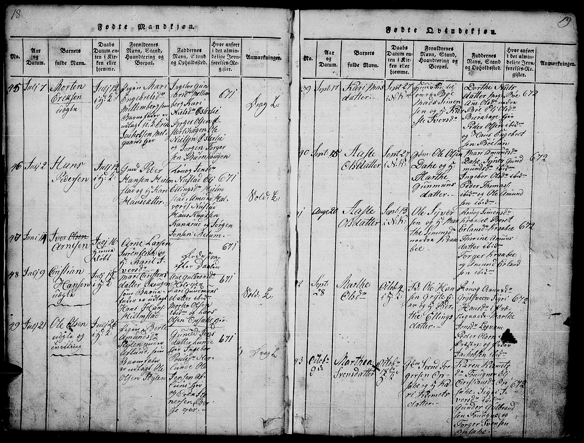 Gausdal prestekontor, SAH/PREST-090/H/Ha/Hab/L0001: Parish register (copy) no. 1, 1817-1848, p. 18-19