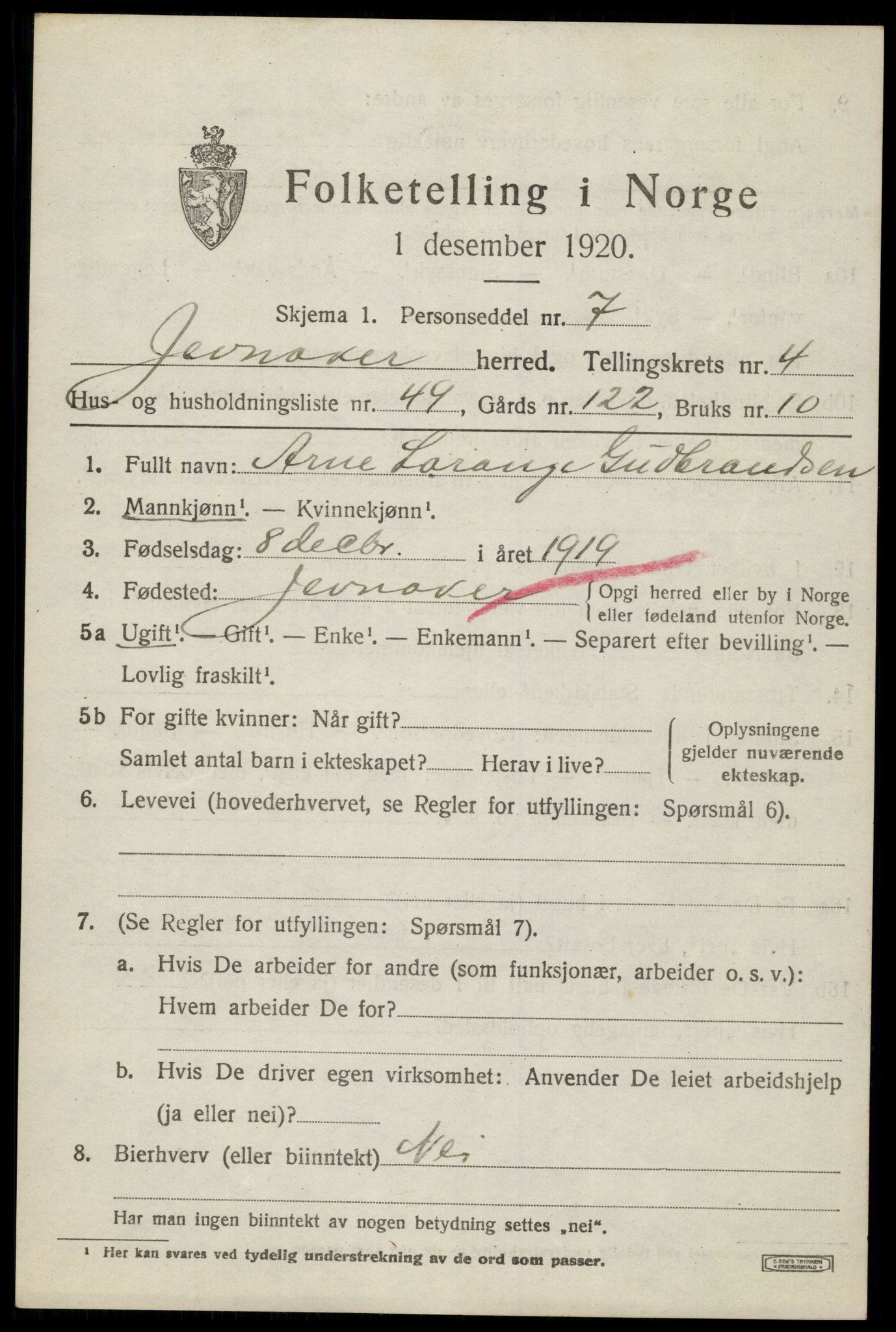 SAH, 1920 census for Jevnaker, 1920, p. 7073