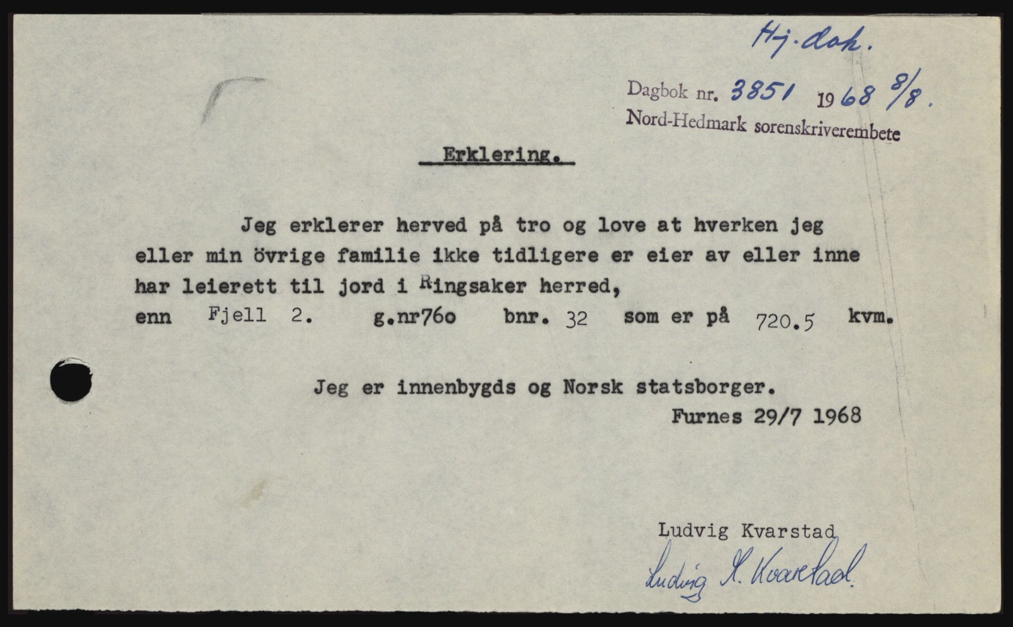 Nord-Hedmark sorenskriveri, SAH/TING-012/H/Hc/L0028: Mortgage book no. 28, 1968-1968, Diary no: : 3851/1968