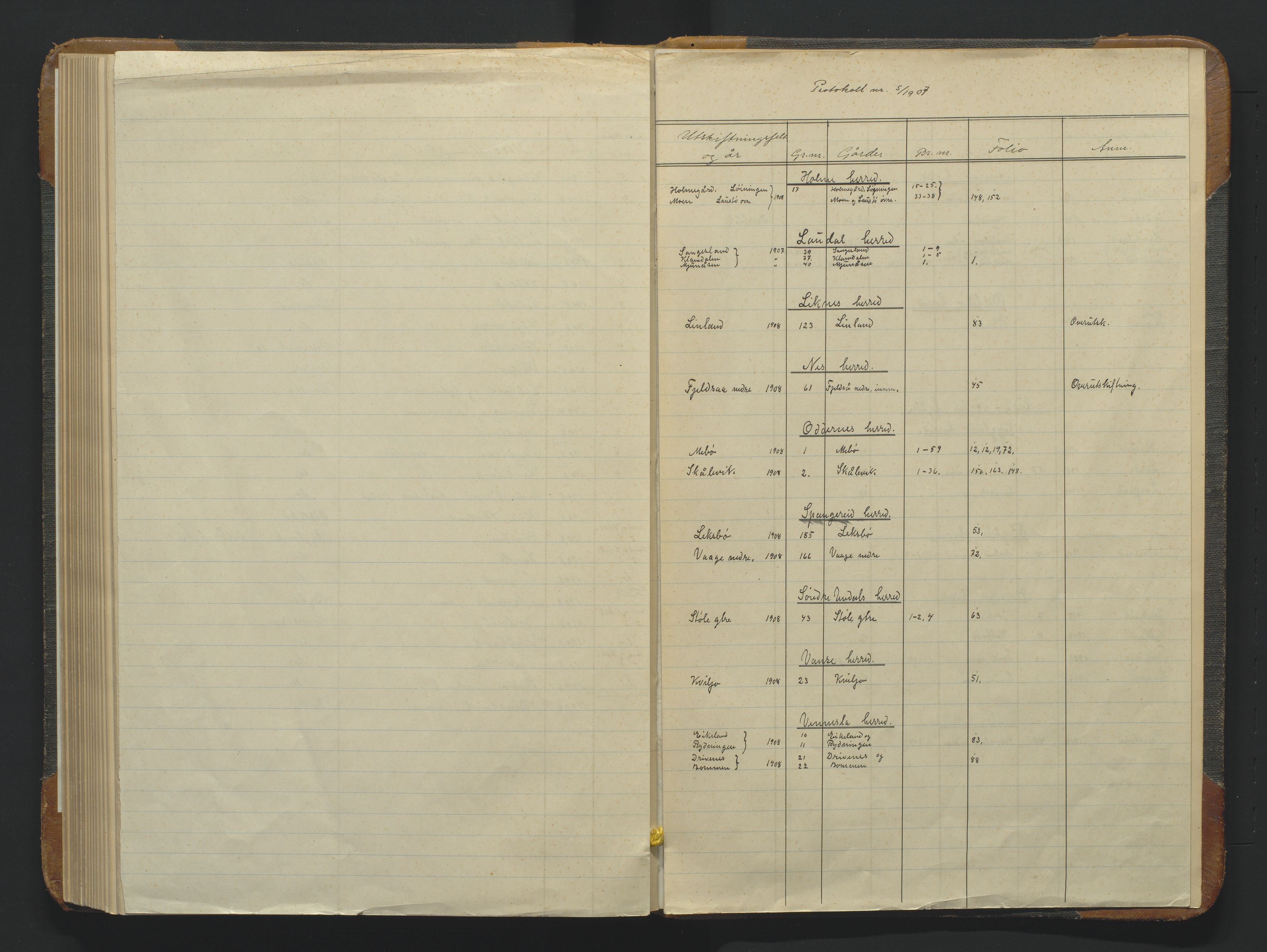 Utskiftningsformannen i Lister og Mandal amt, AV/SAK-1541-0003/F/Fa/Faa/L0037: Utskiftningsprotokoll med register nr A-5, 1907-1909