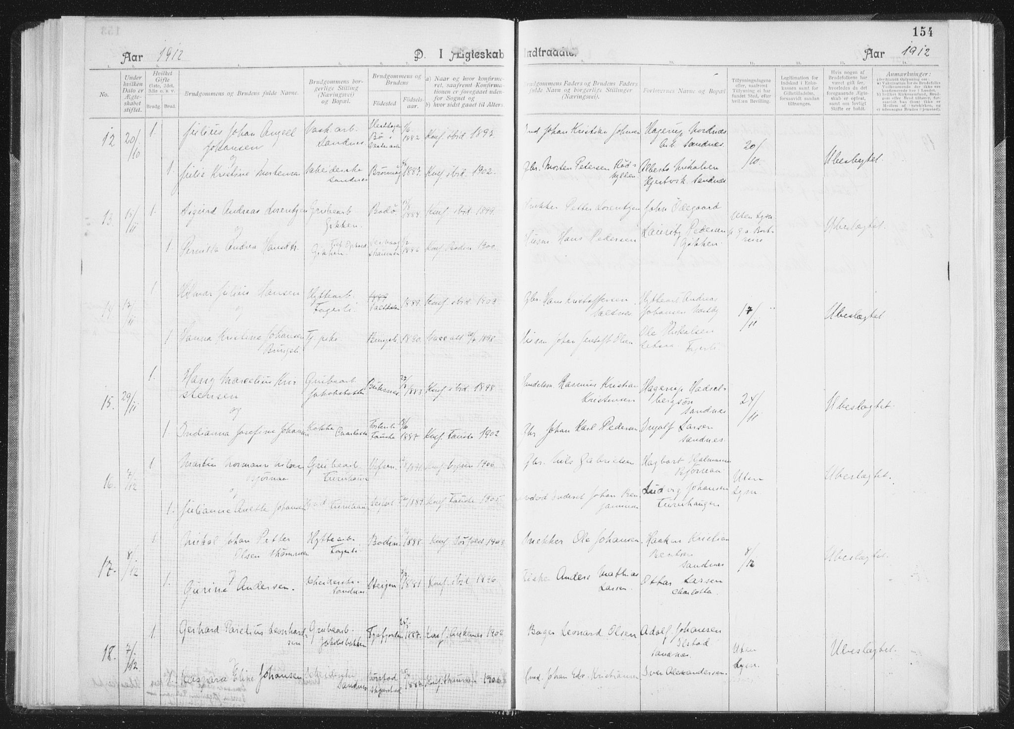 Ministerialprotokoller, klokkerbøker og fødselsregistre - Nordland, AV/SAT-A-1459/850/L0711: Curate's parish register no. 850B01, 1902-1915, p. 154