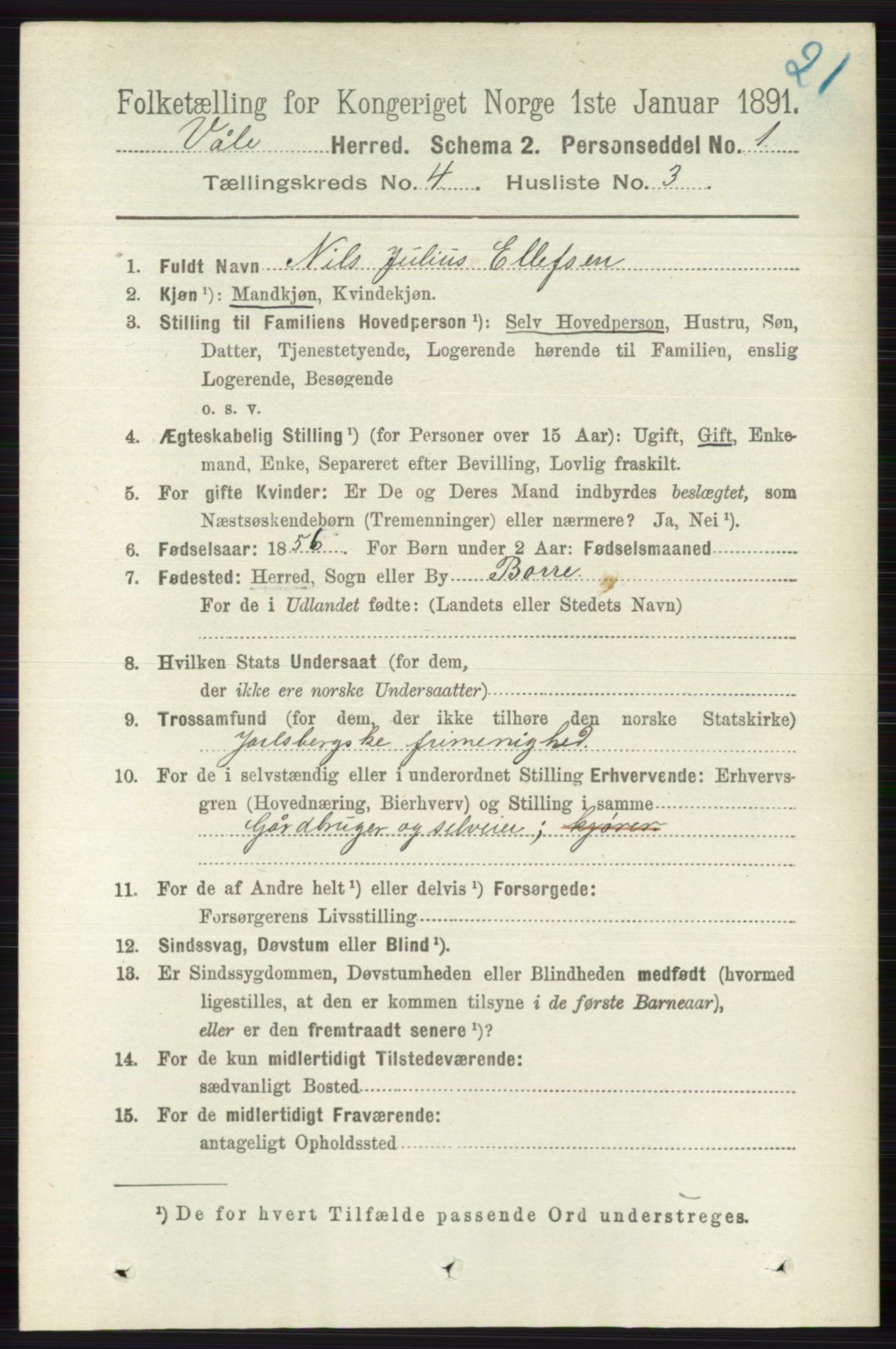RA, 1891 census for 0716 Våle, 1891, p. 998