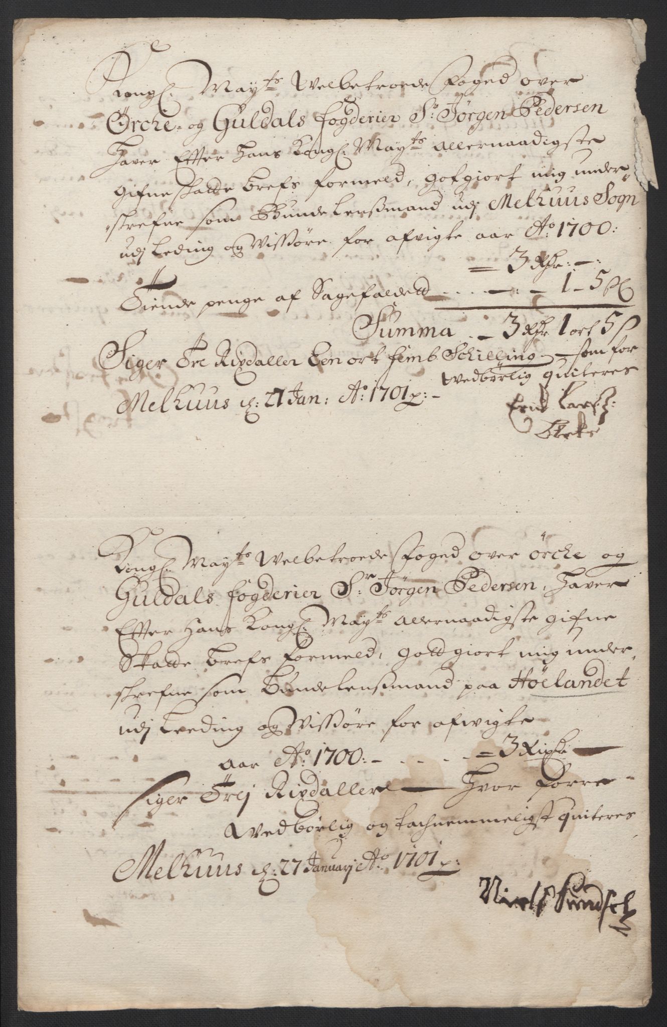 Rentekammeret inntil 1814, Reviderte regnskaper, Fogderegnskap, AV/RA-EA-4092/R60/L3950: Fogderegnskap Orkdal og Gauldal, 1700, p. 405