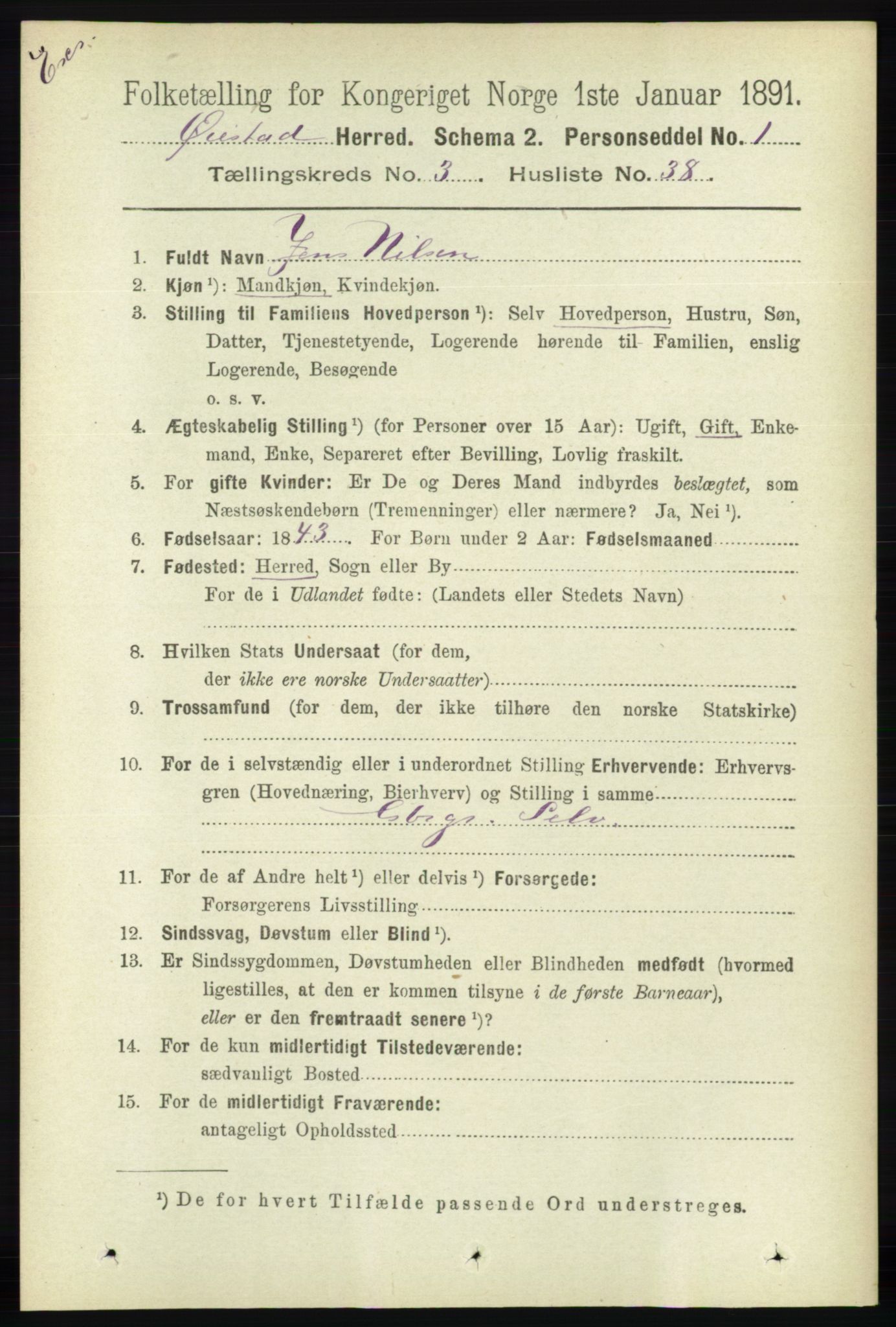 RA, Census 1891 for Nedenes amt: Gjenparter av personsedler for beslektede ektefeller, menn, 1891, p. 630