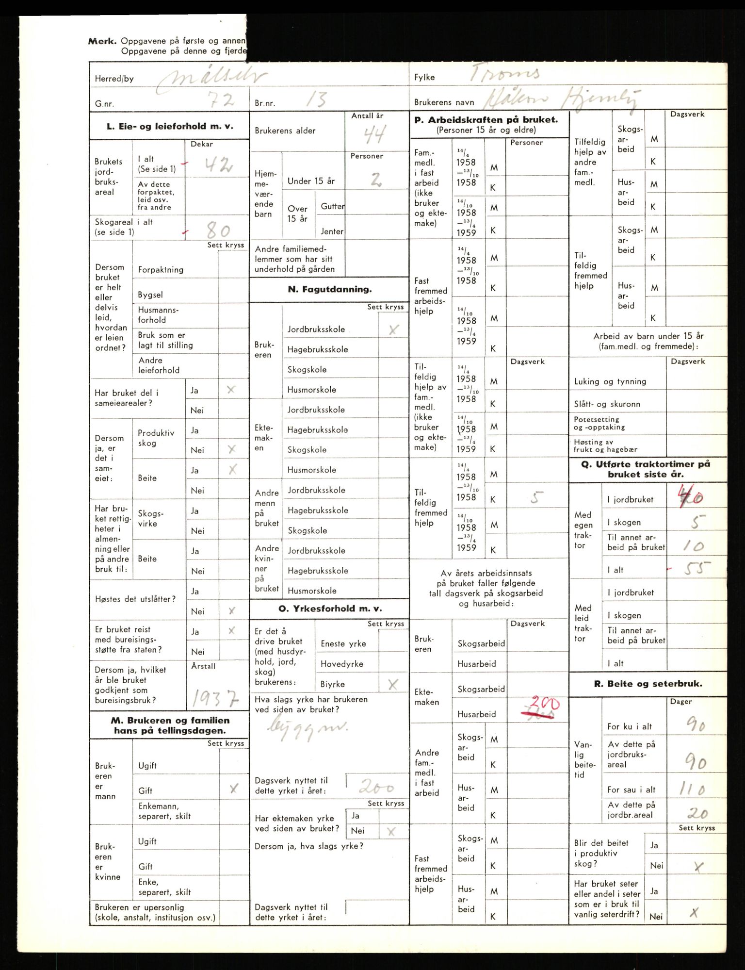 Statistisk sentralbyrå, Næringsøkonomiske emner, Jordbruk, skogbruk, jakt, fiske og fangst, AV/RA-S-2234/G/Gd/L0655: Troms: 1924 Målselv (kl. 4-10), 1959, p. 1458