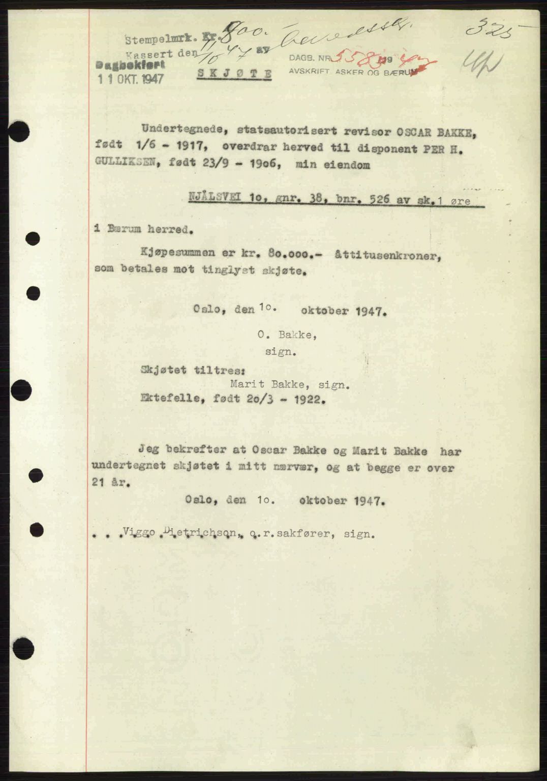 Aker herredsskriveri, AV/SAO-A-10896/G/Gb/Gbb/Gbbb/L0039: Mortgage book no. A85, 1947-1947, Diary no: : 5583/1947