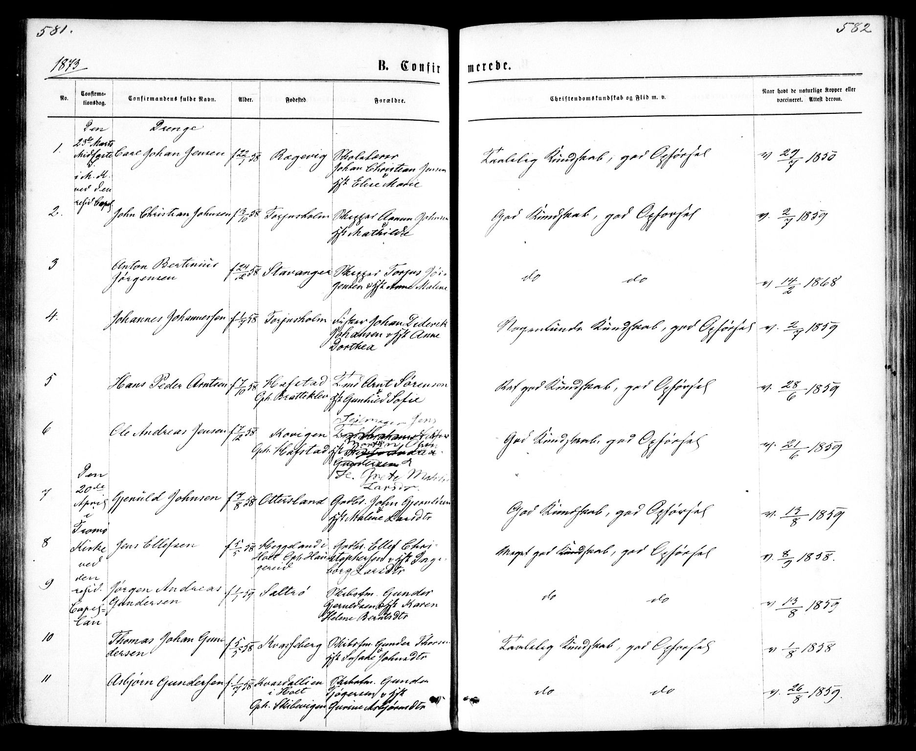 Tromøy sokneprestkontor, AV/SAK-1111-0041/F/Fa/L0008: Parish register (official) no. A 8, 1870-1877, p. 581-582