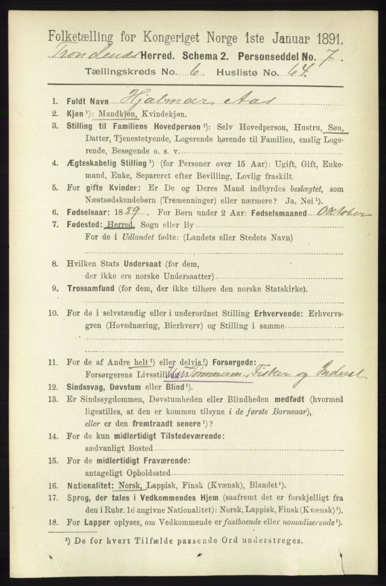 RA, 1891 census for 1914 Trondenes, 1891, p. 4239