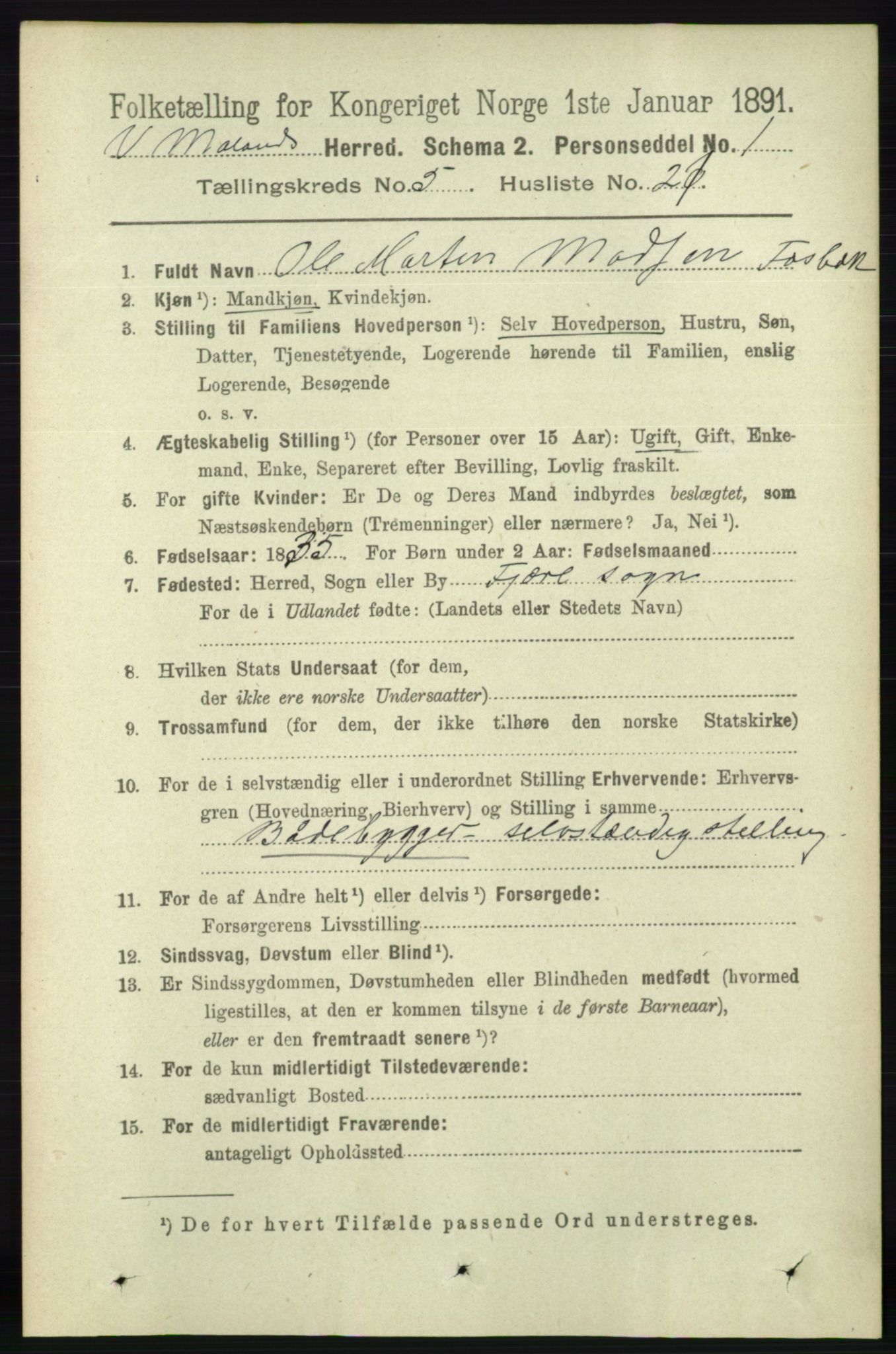 RA, 1891 census for 0926 Vestre Moland, 1891, p. 1946