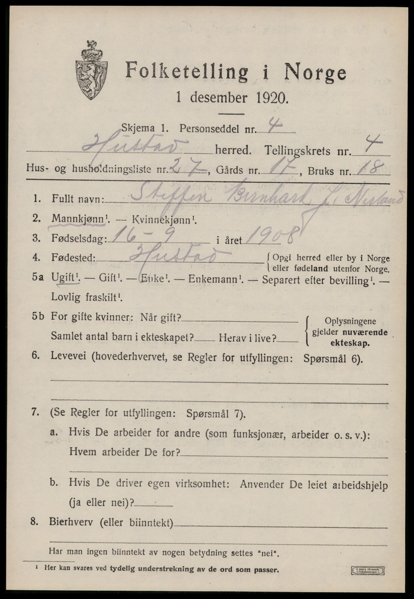 SAT, 1920 census for Hustad, 1920, p. 3241