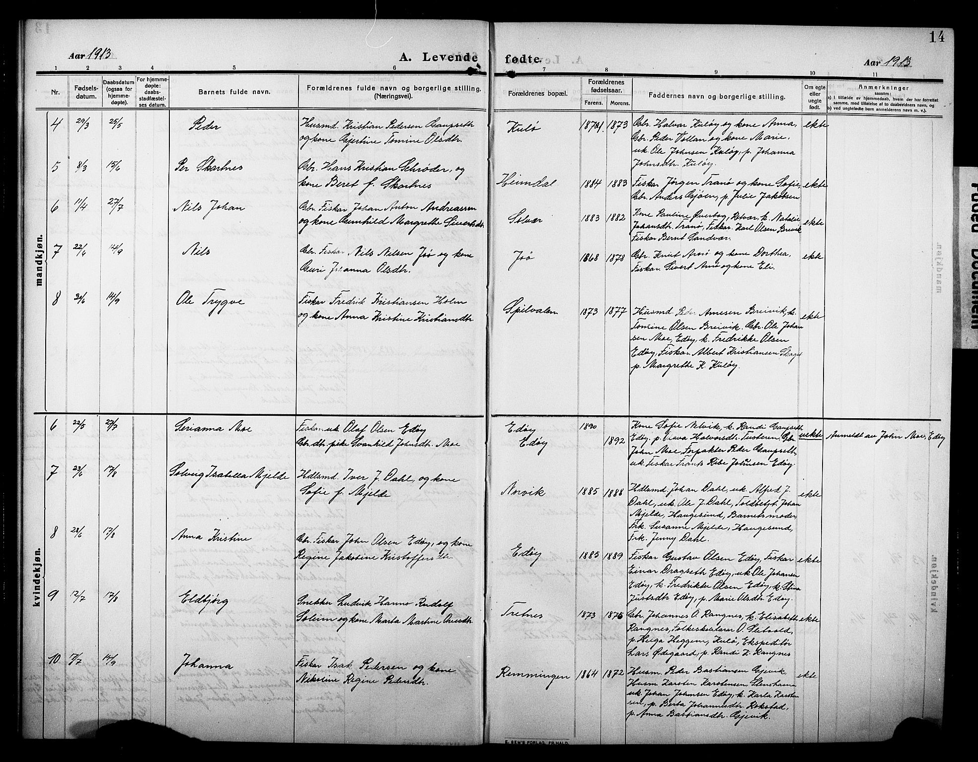 Ministerialprotokoller, klokkerbøker og fødselsregistre - Møre og Romsdal, AV/SAT-A-1454/581/L0943: Parish register (copy) no. 581C01, 1909-1931, p. 14